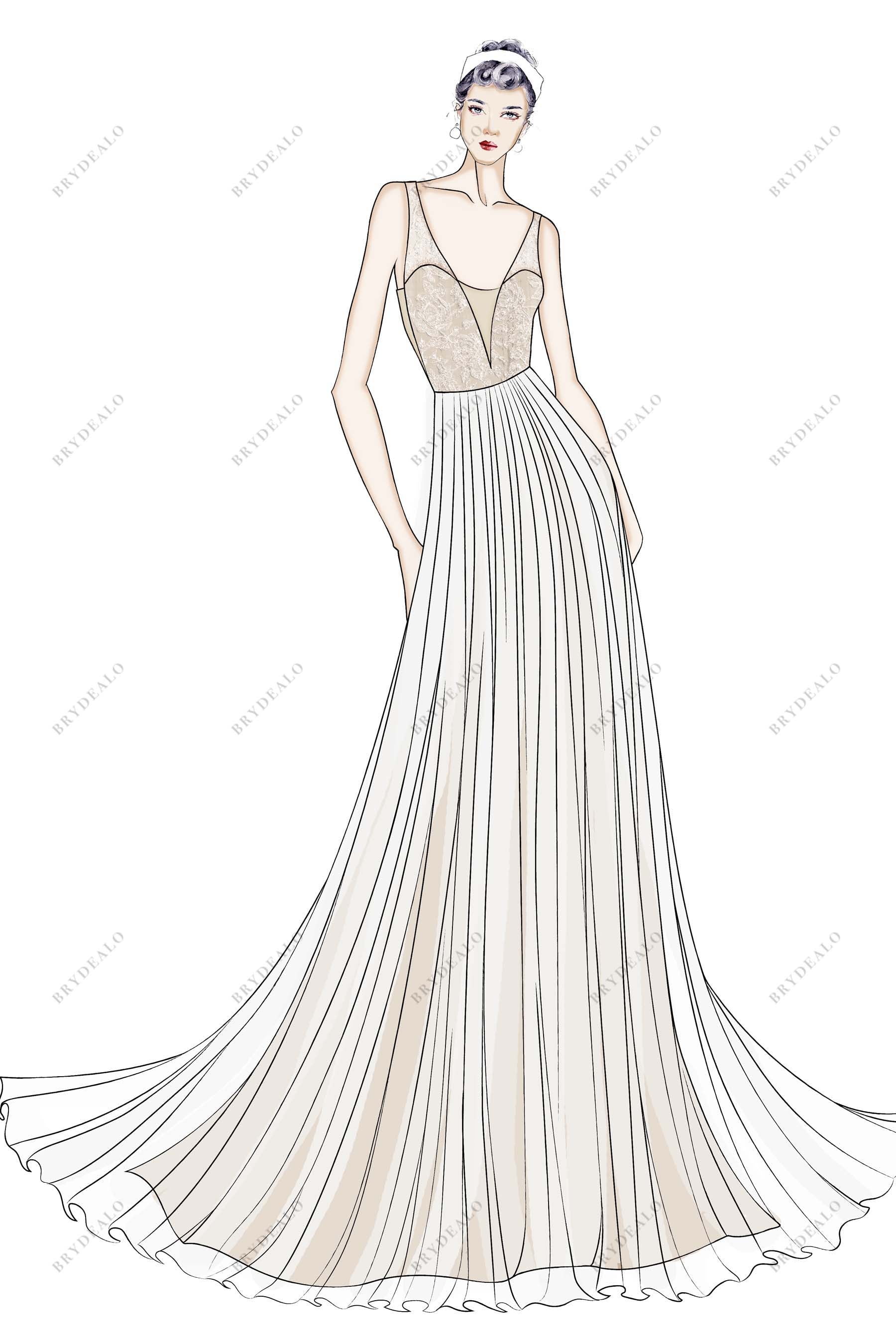 illusion plunging V-neck wedding dress sketch