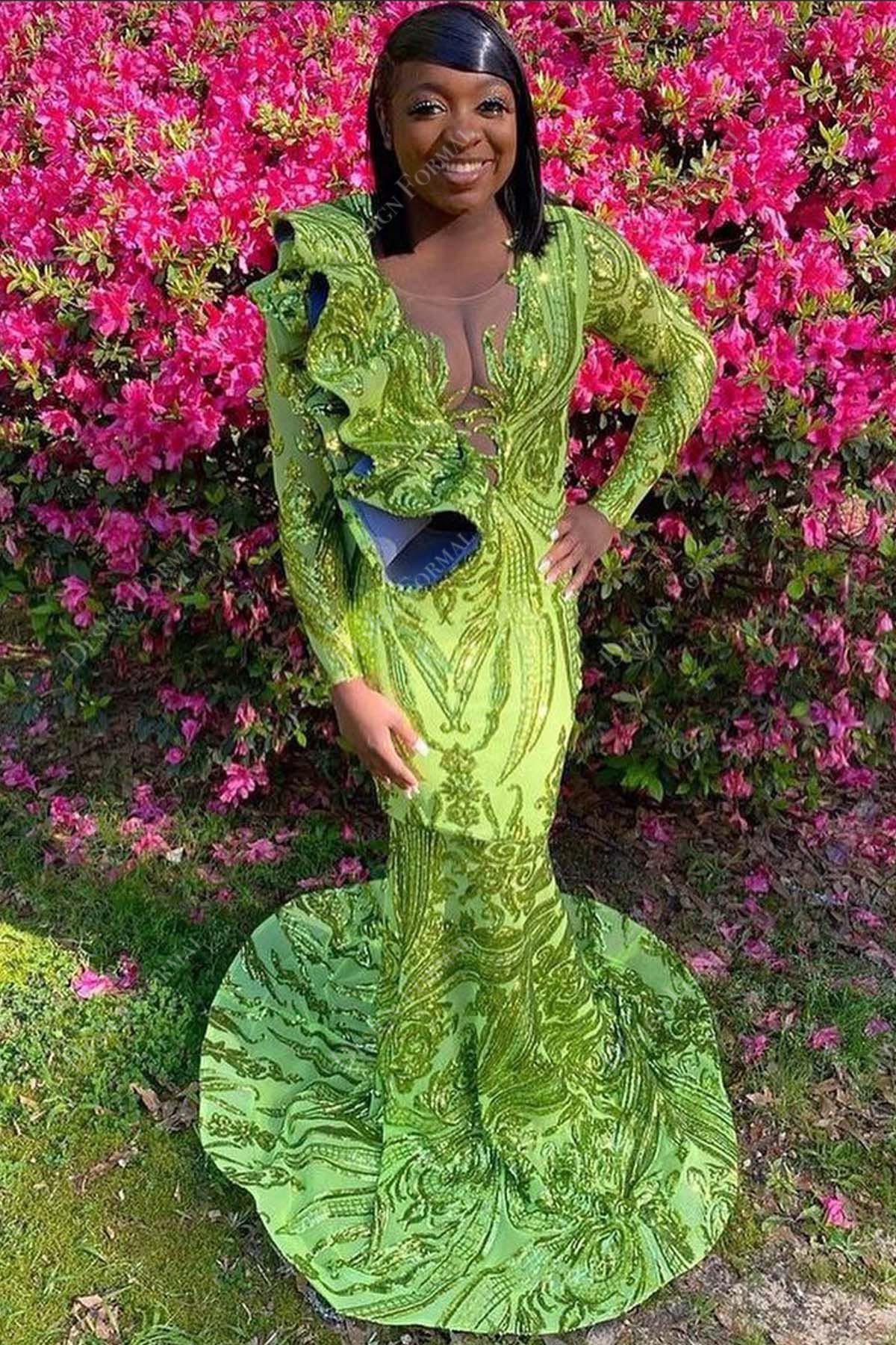 Ruffled Plunging Neck Green Sequin Mermaid Prom Dress