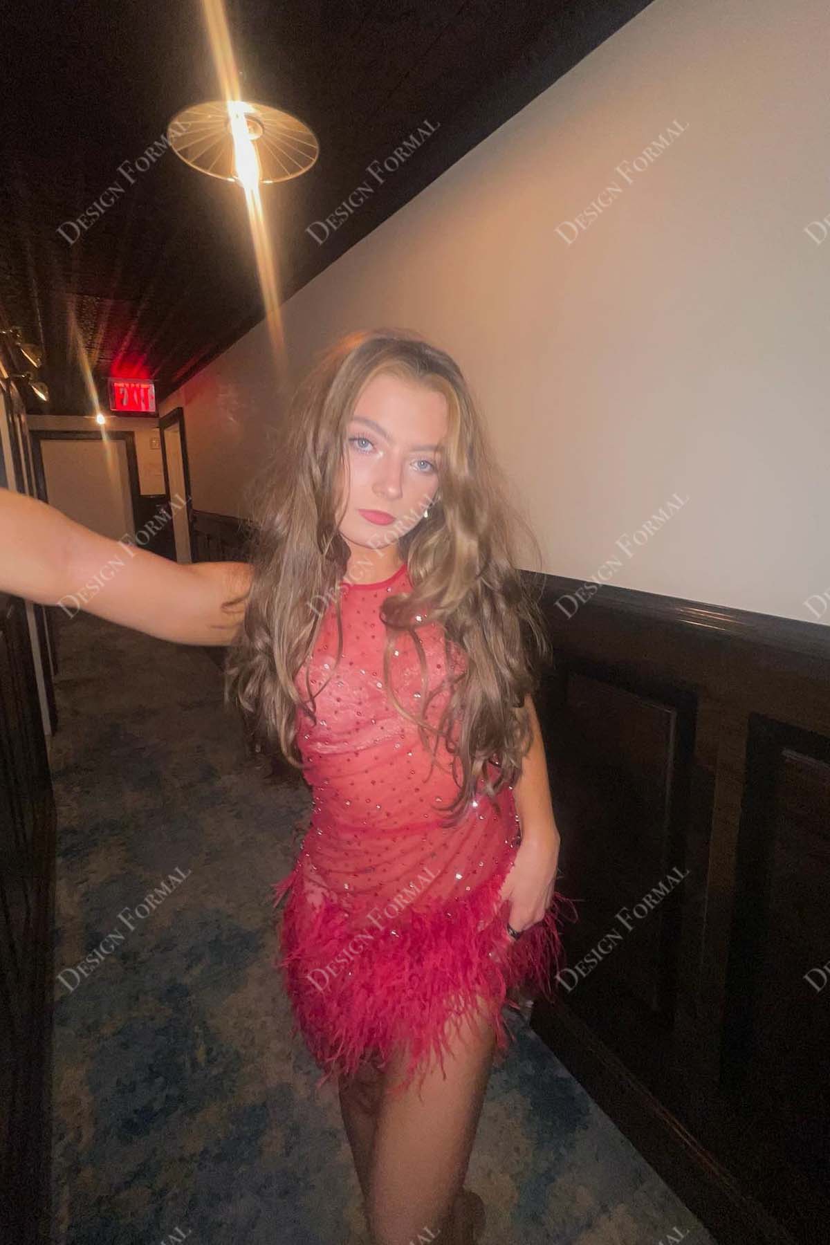 illusion red lace feather cocktail prom dress