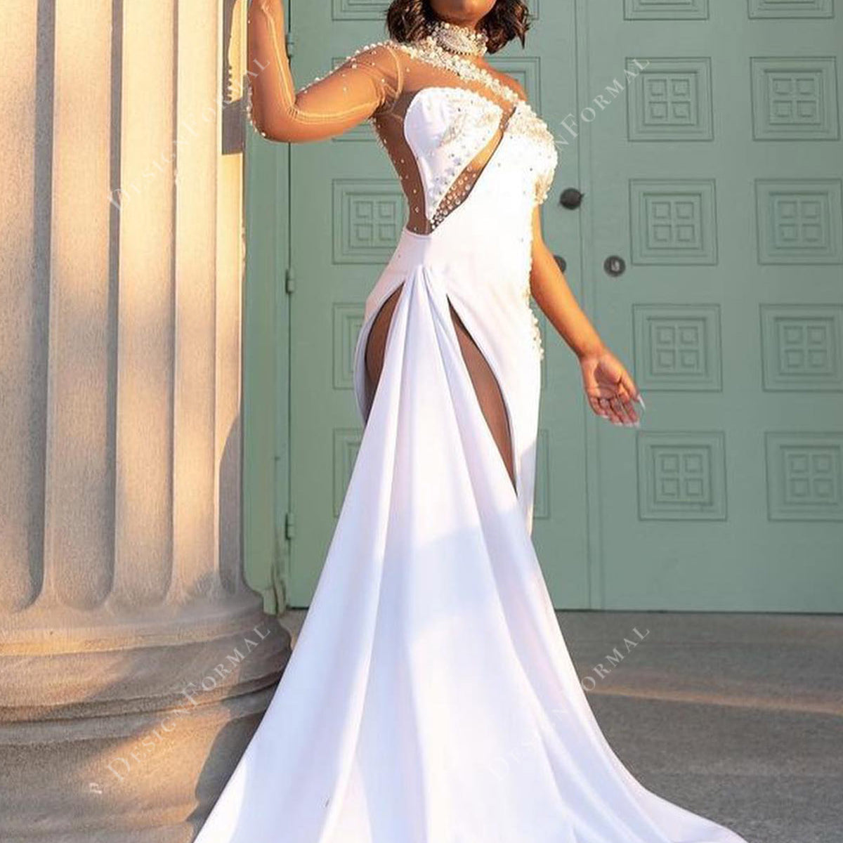 white jersey prom dress Sparkly Rhinestones White Jersey Mermaid Prom Dress with Cape