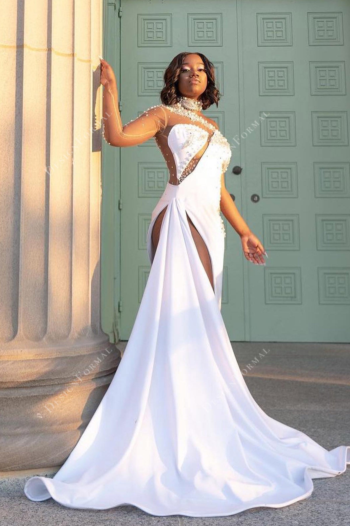 illusion rhinestones cutout unique white jersey prom gown
