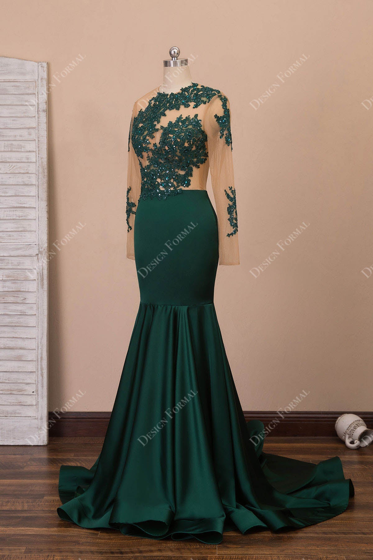 Emerald Green Sexy Sheer Lace Jersey Long Sleeve Mermaid Prom Dress