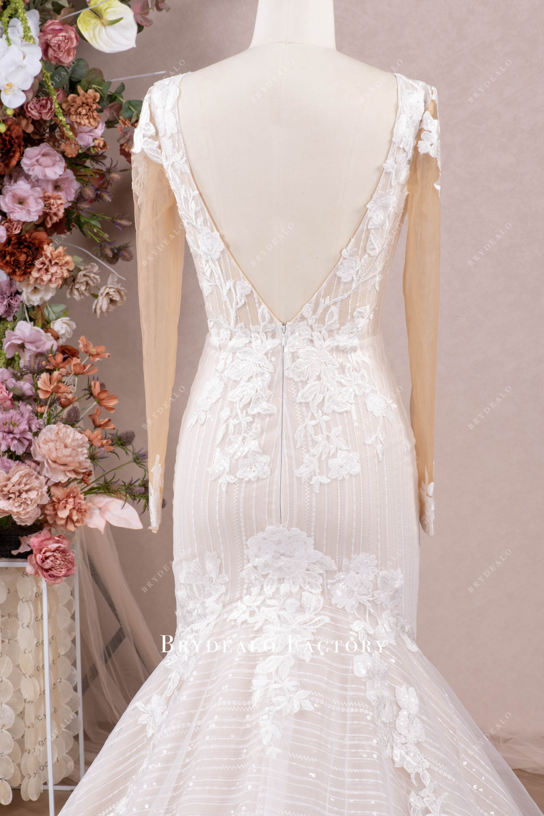 sheer sleeve V-back designer wedding dress