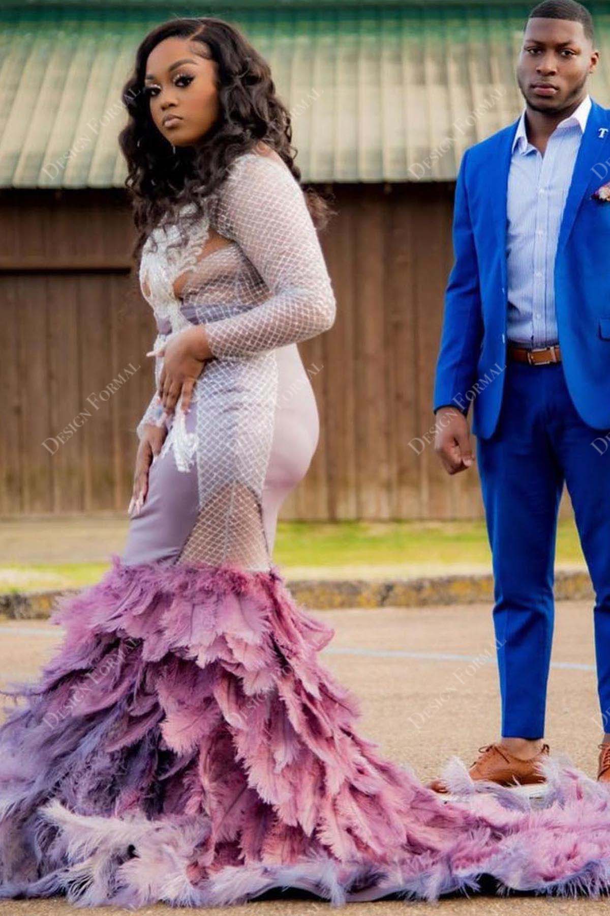 illusion sleeved lace mauve feather mermaid prom dress