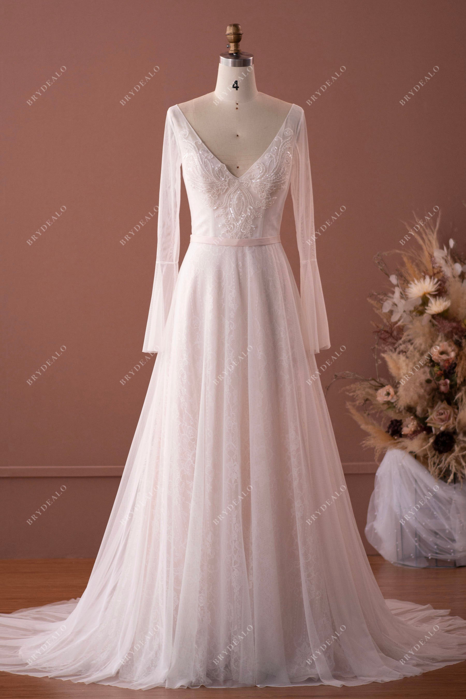 Illusion Sleeved Lace Tulle Boho Wedding Dress