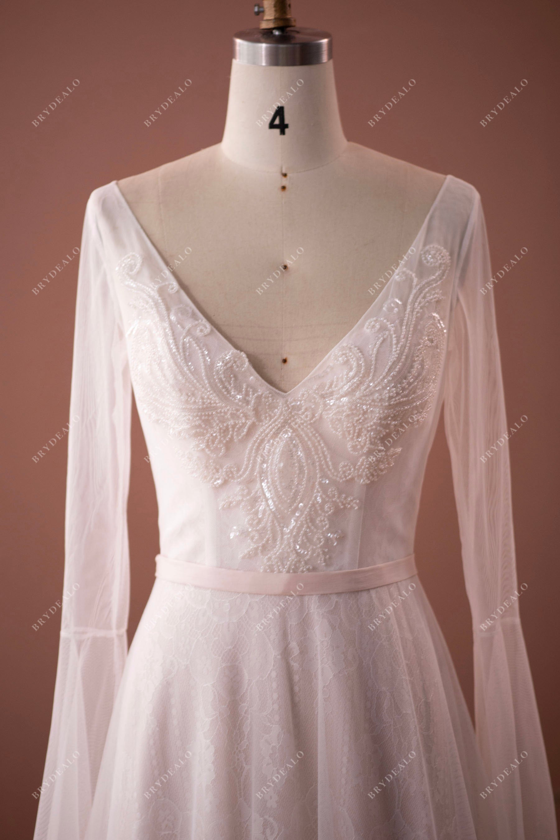 Illusion Sleeved Lace V-neck Tulle Boho Wedding Dress