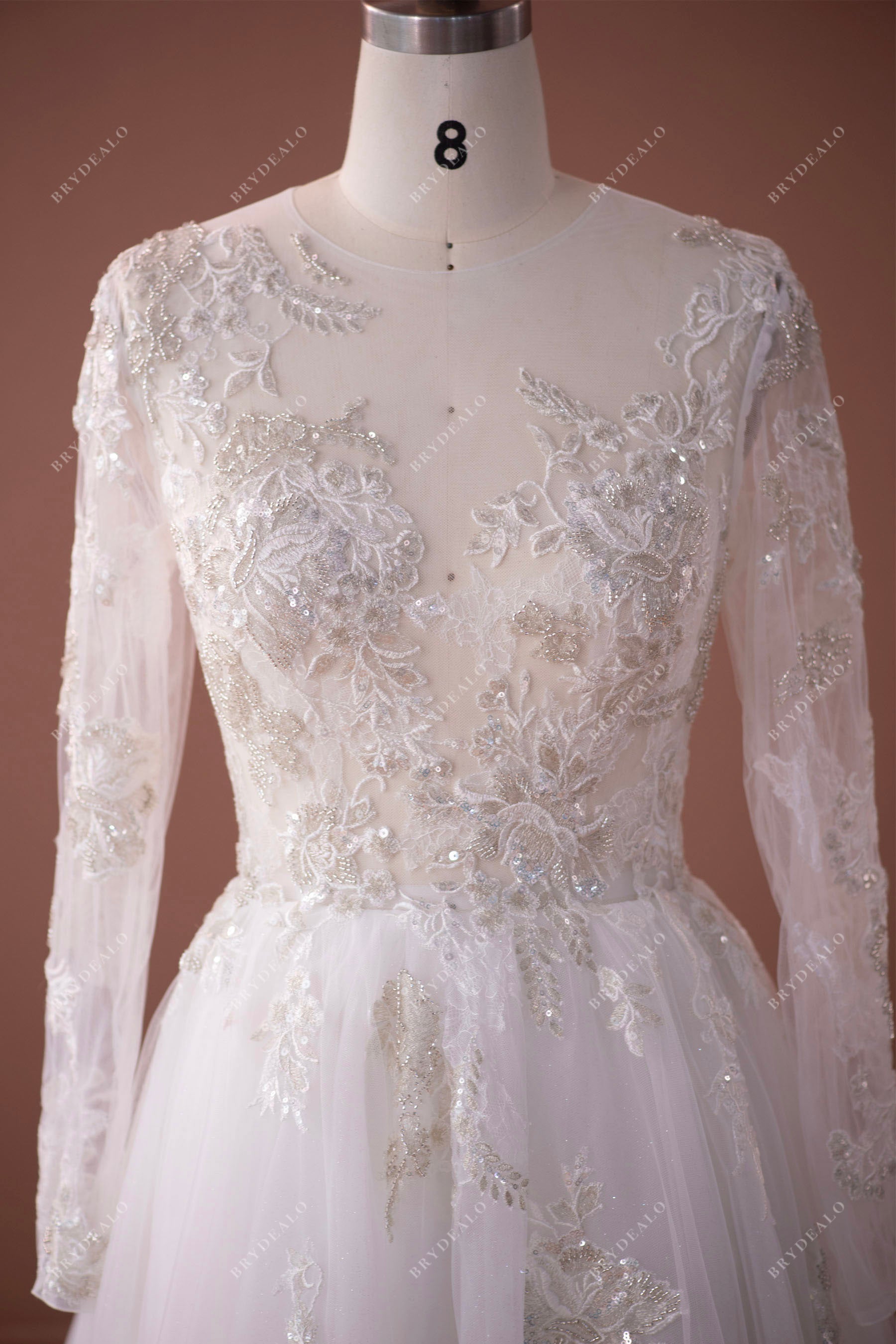 sexy illusion sleeved lace wedding gown