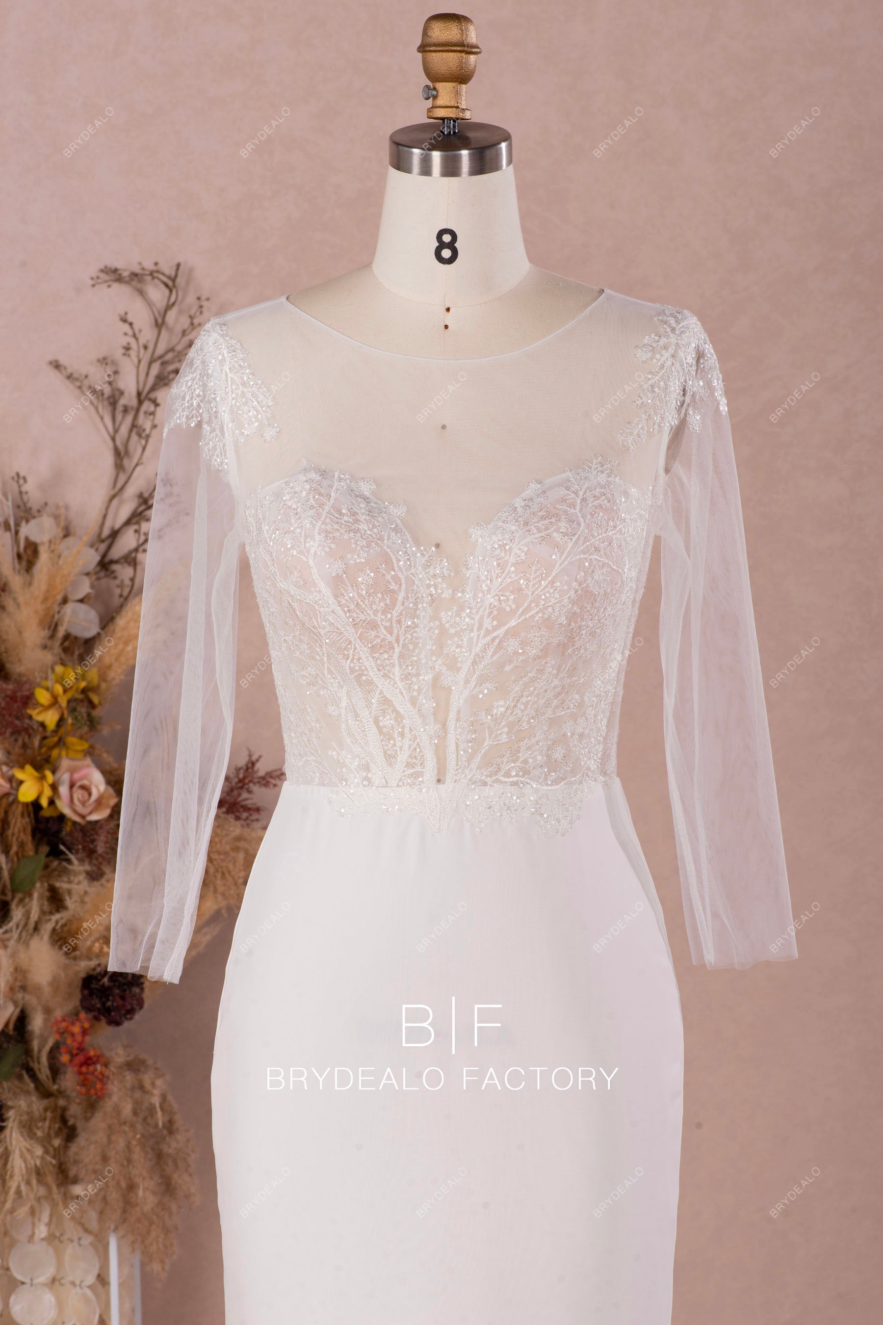 sheer sleeves shimmery lace designer wedding dress