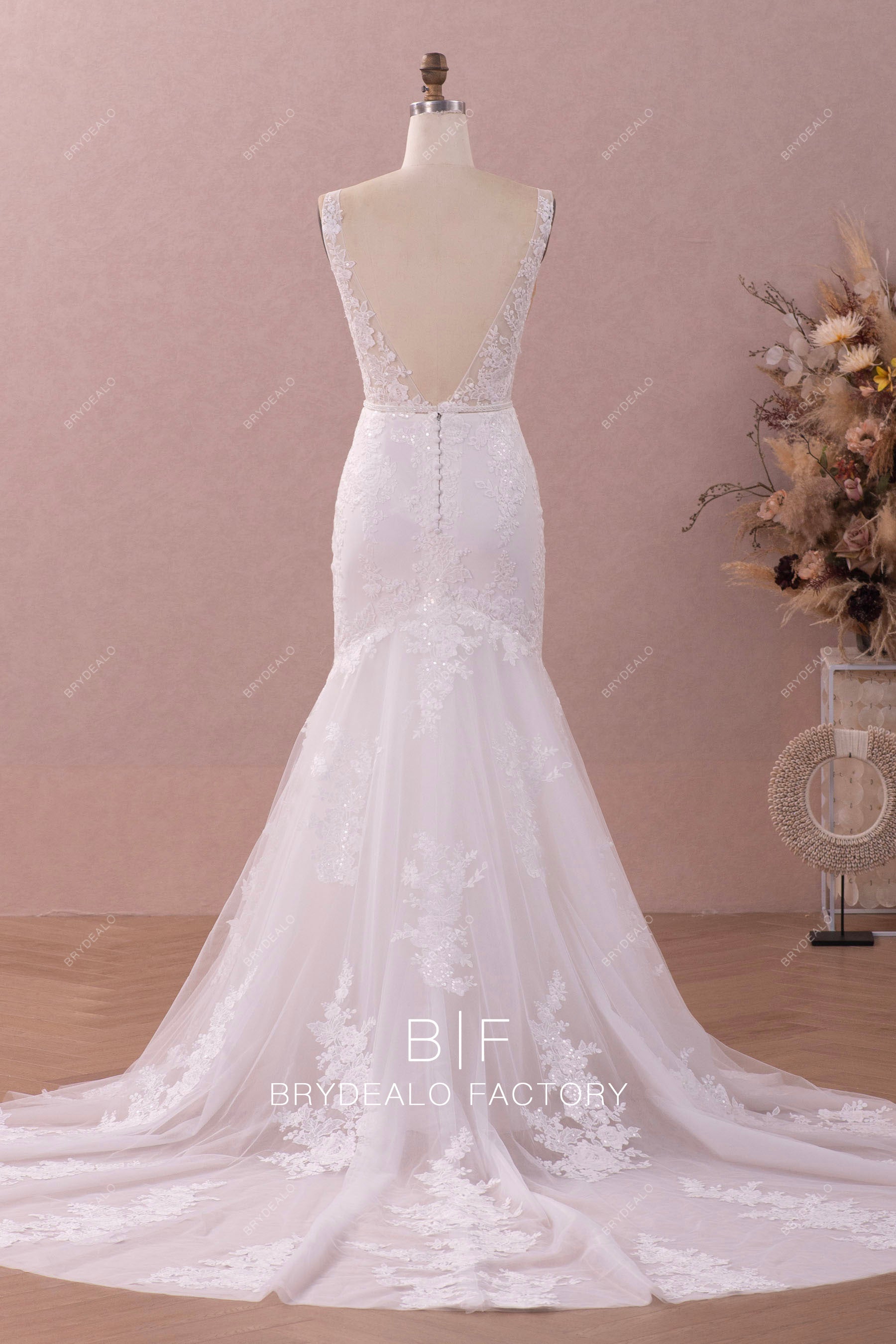 illusion v-back fit and flare designer wedding dress
