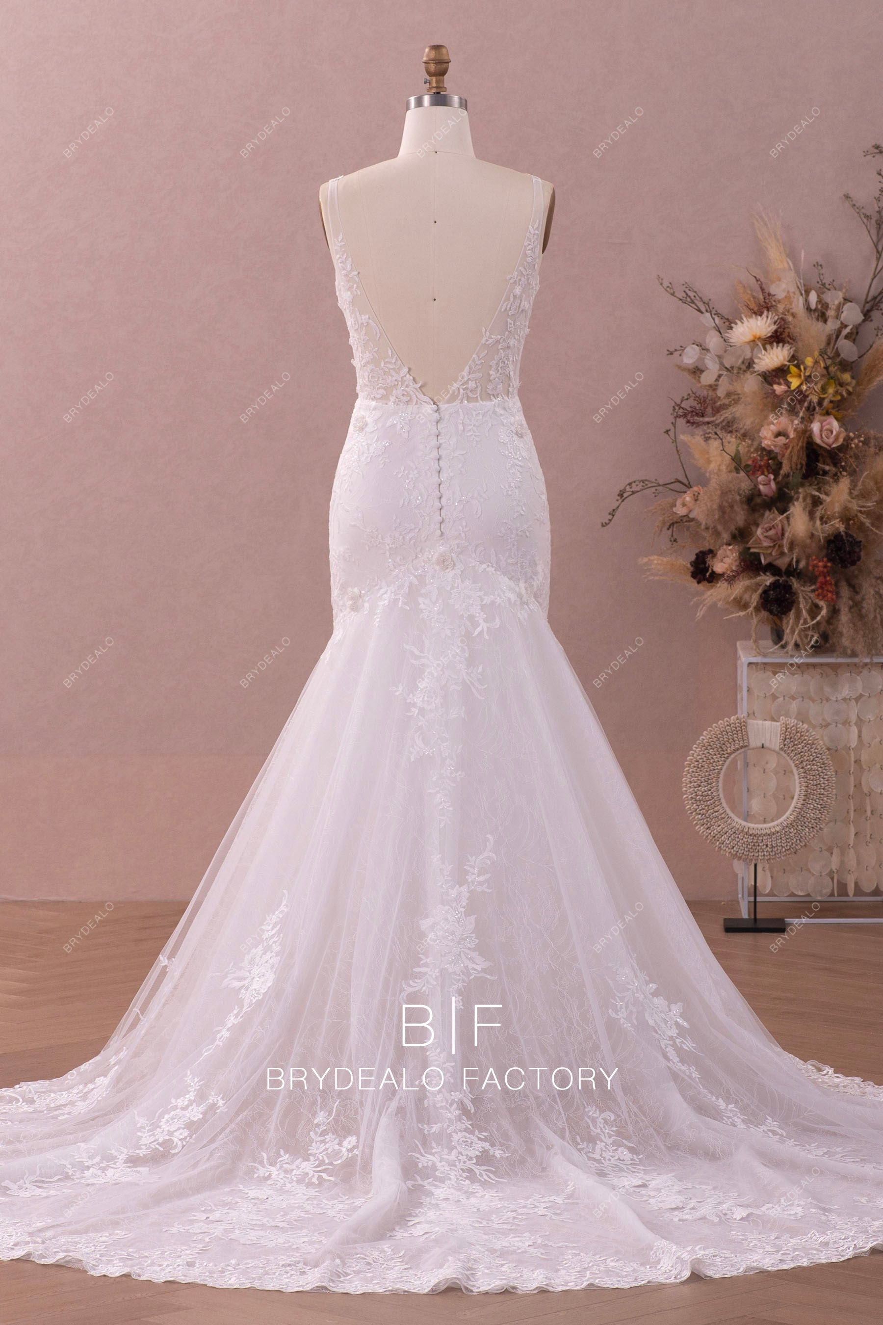 illusion v-cut back long train wedding gown