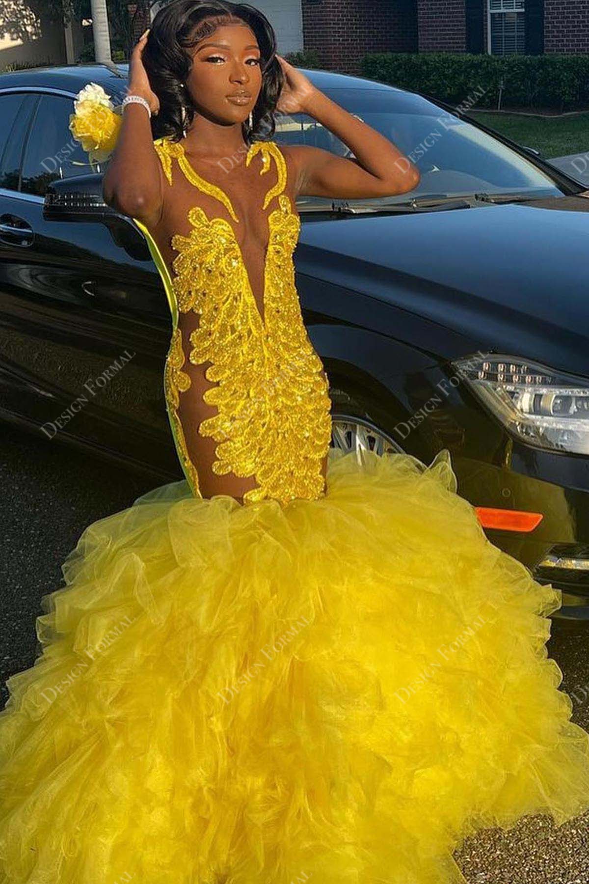 yellow beaded illusion lace ruffled tulle trumpet prom dress