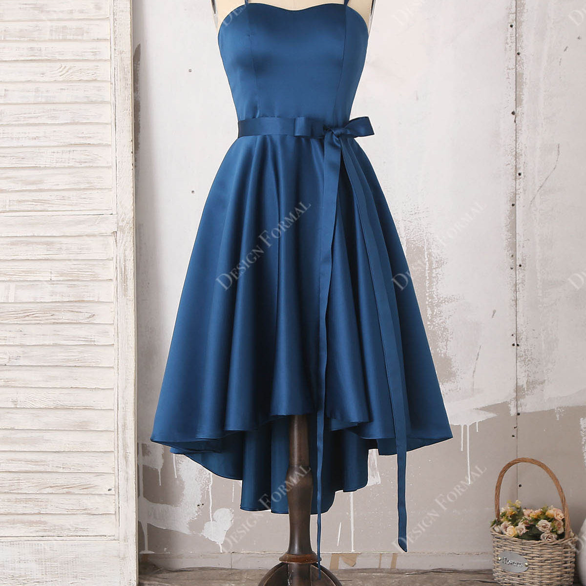 Ink Blue Satin High-low Spaghetti Straps Homecoming Dress Ink Blue Satin High-low Spaghetti Straps Homecoming Dress