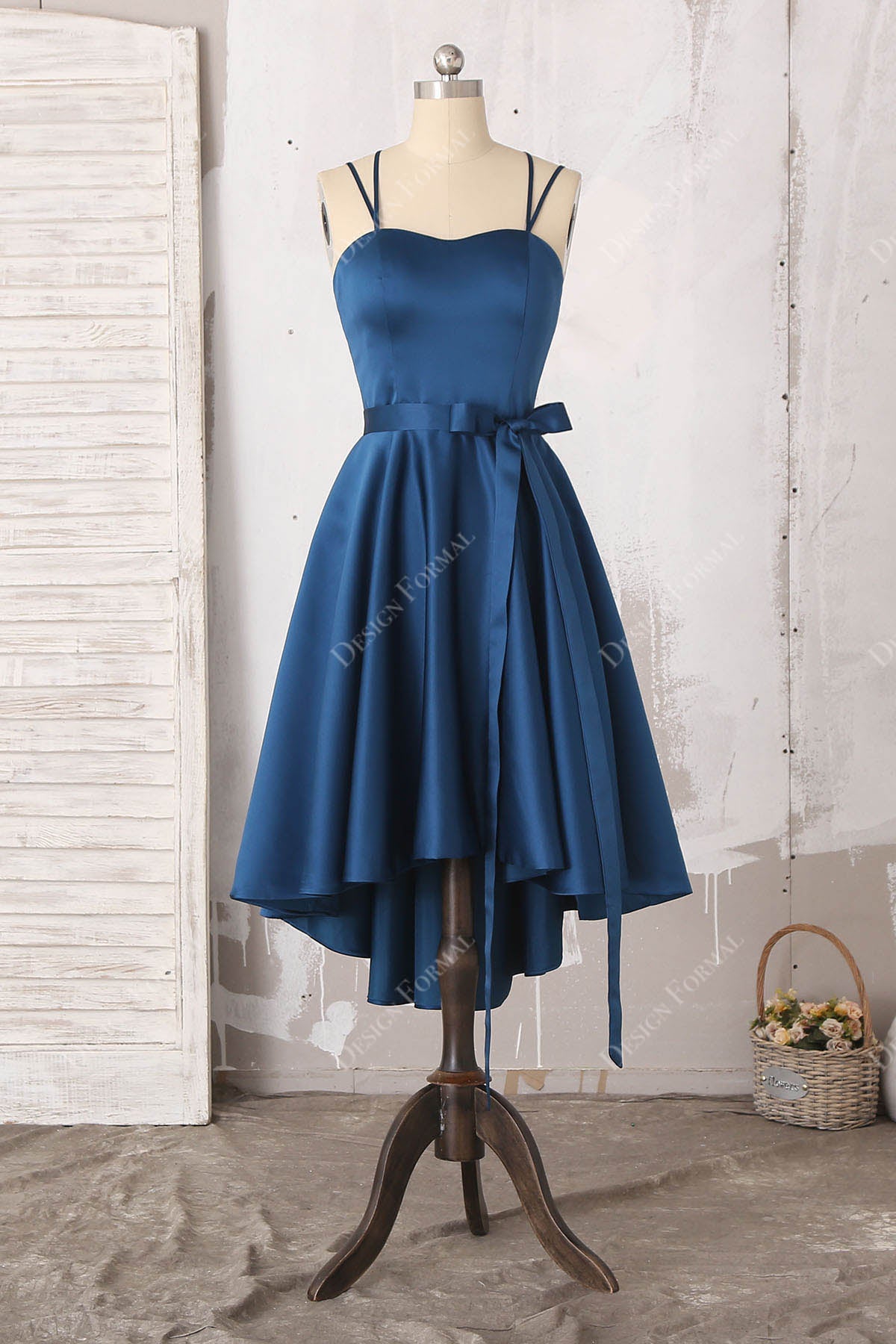 ink blue high-low spaghetti straps homecoming dress
