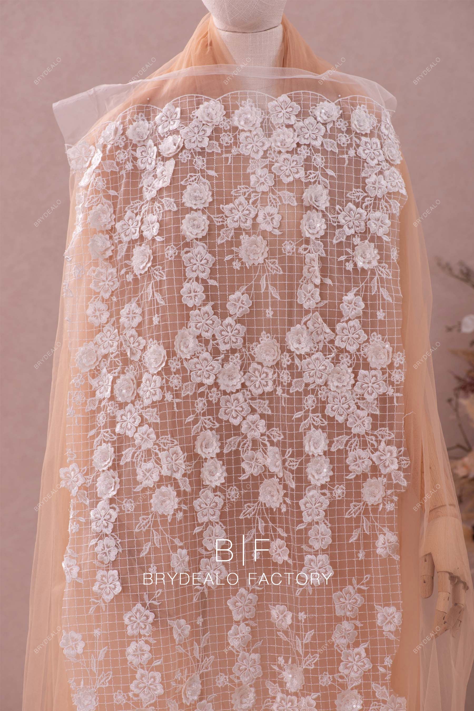 Double Border Grid Designer 3D Flower Lace Fabric for Dresses