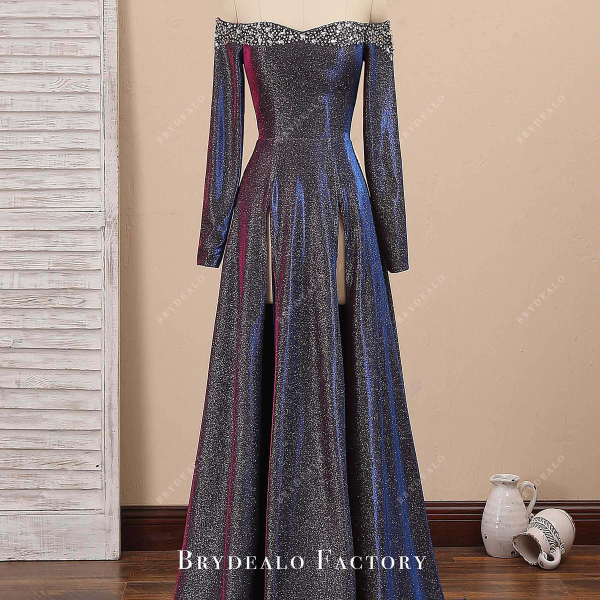Unique Iridescent Fuchsia Glitter Off-Shoulder Sexy Slit Prom Dress