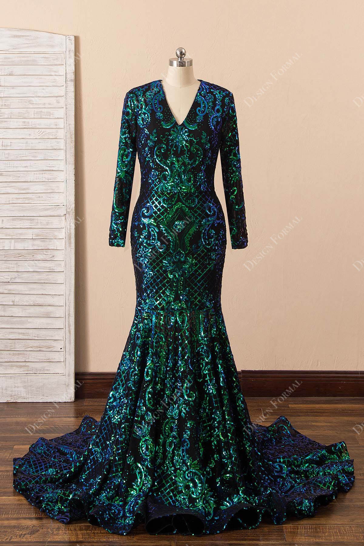 Iridescent Green Sequin Long Sleeve Mermaid Prom Dress