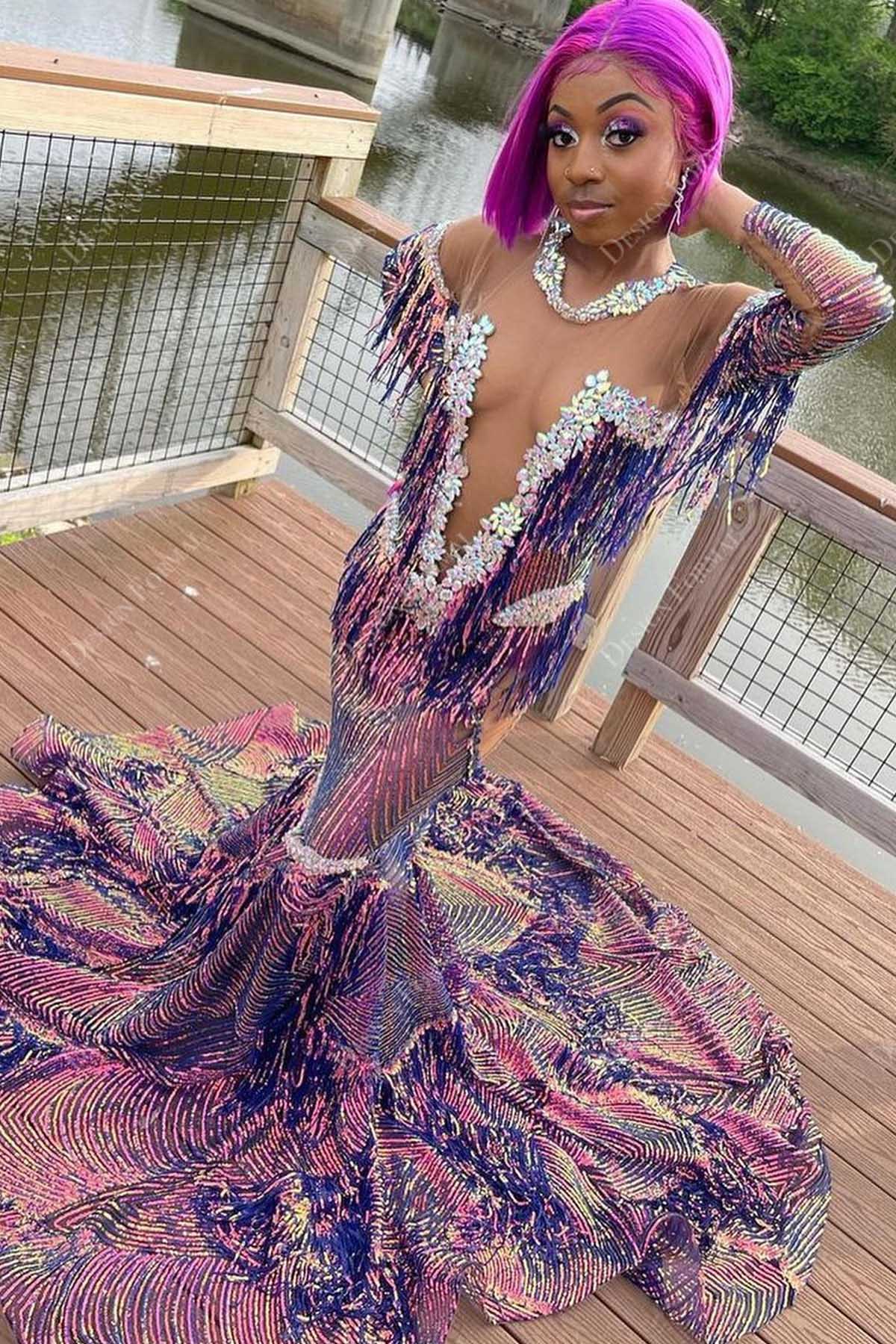iridescent purple sequin plunging neck mermaid prom dress