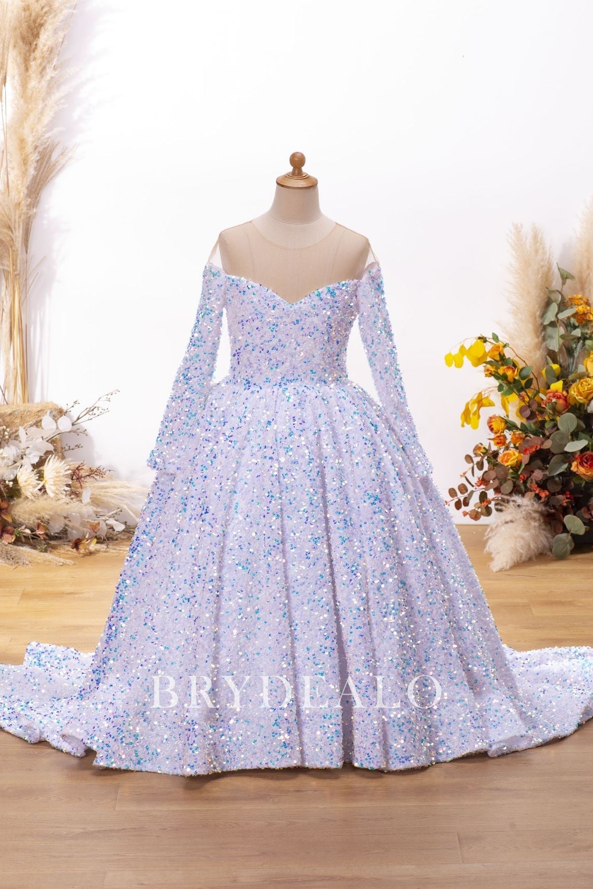 Designer Sparkly Sequin Off Shoulder Flower Girl Ball Gown