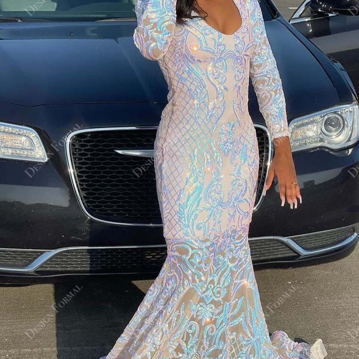 Iridescent Sequin Mermaid Long Sleeve Tailor Made Prom Dress