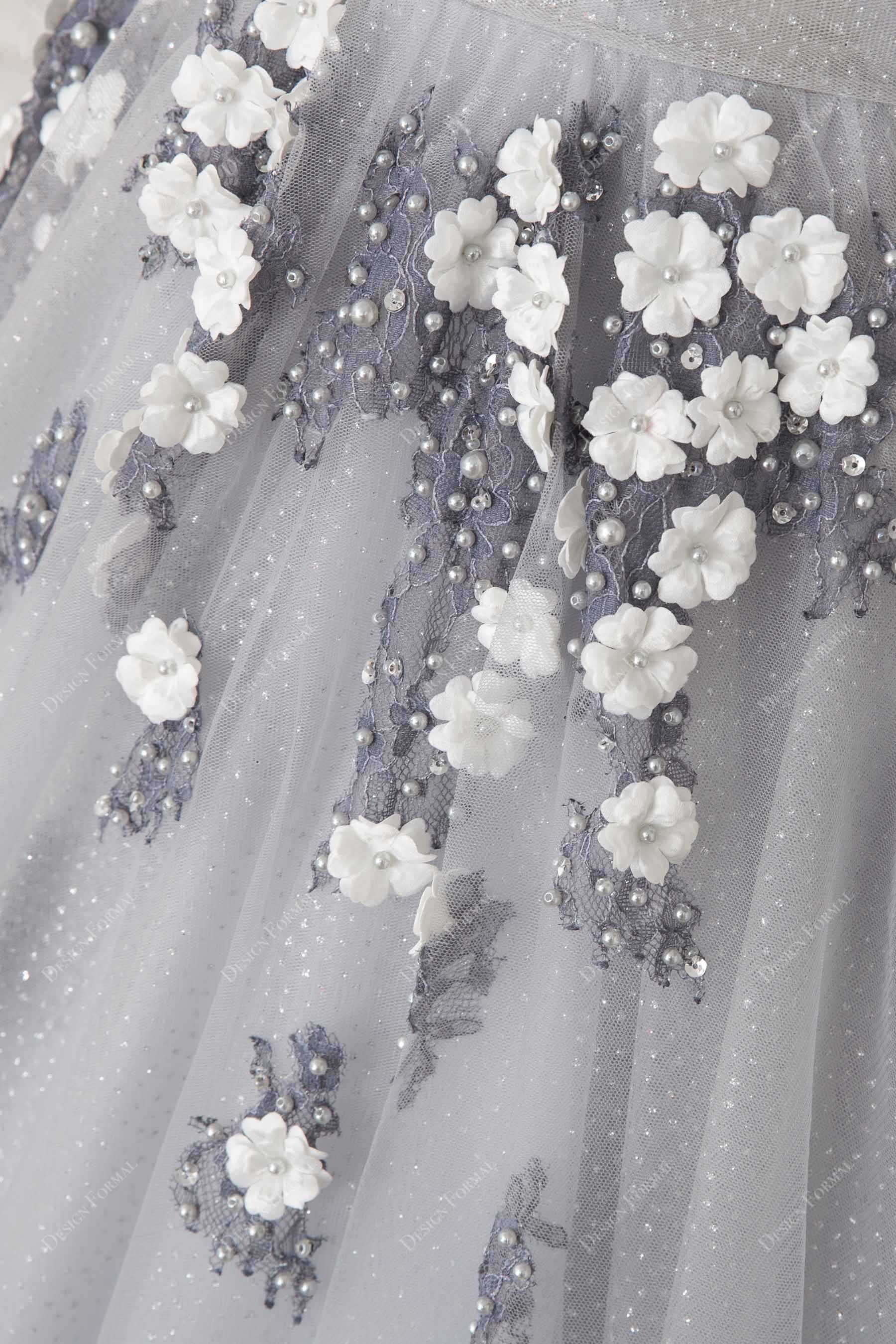 ivory 3D petals grey lace tulle prom dress