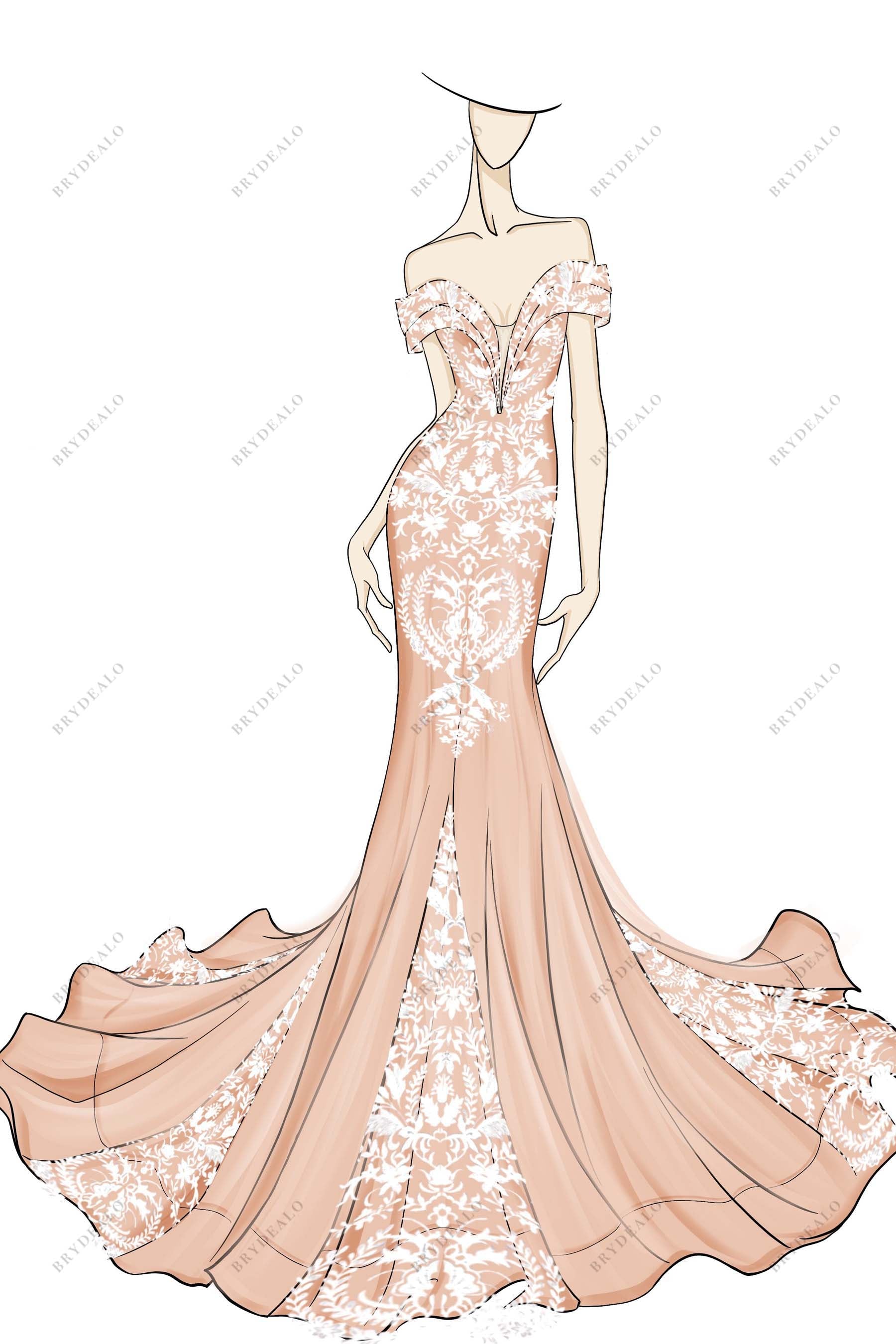 Ivory Lace Dusty Pink Ruffled Custom Wedding Dress Sketch