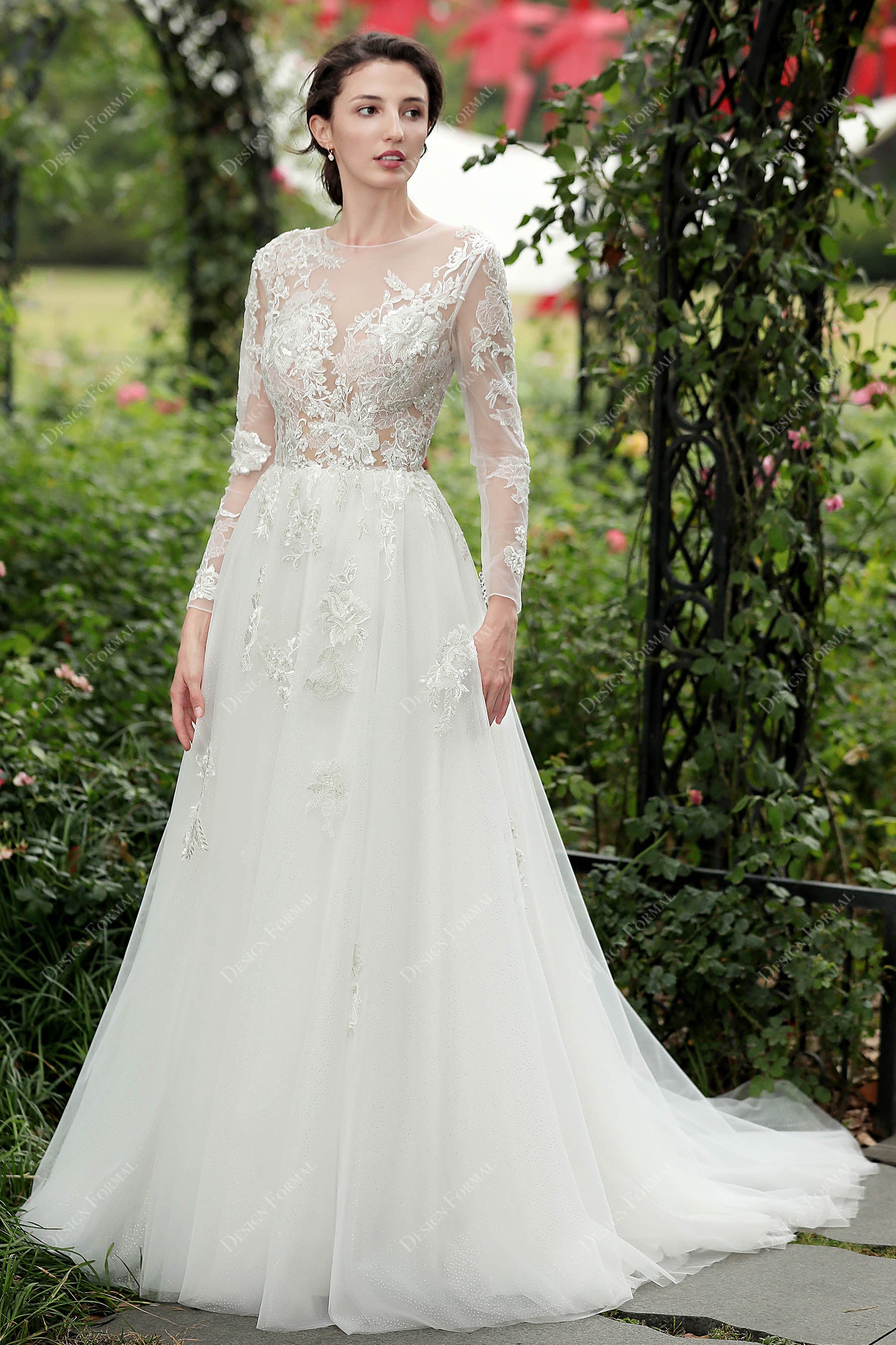 Ivory Beaded Lace Illusion Sleeved Bridal Gown