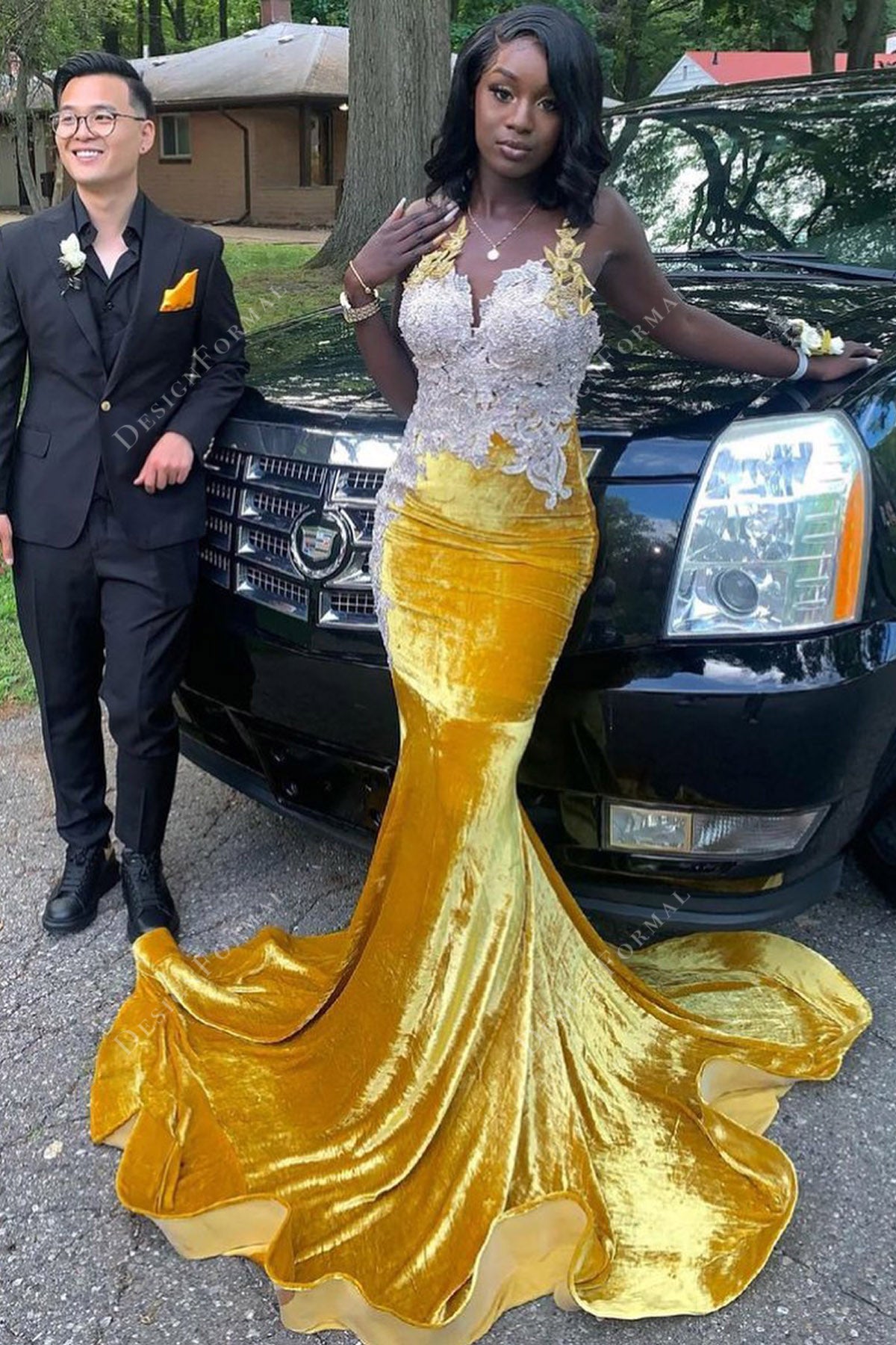 ivory lace gold velvet mermaid prom gown