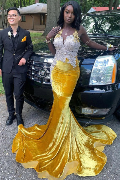 Ivory Lace Gold Velvet Mermaid Long Customized Prom Dress