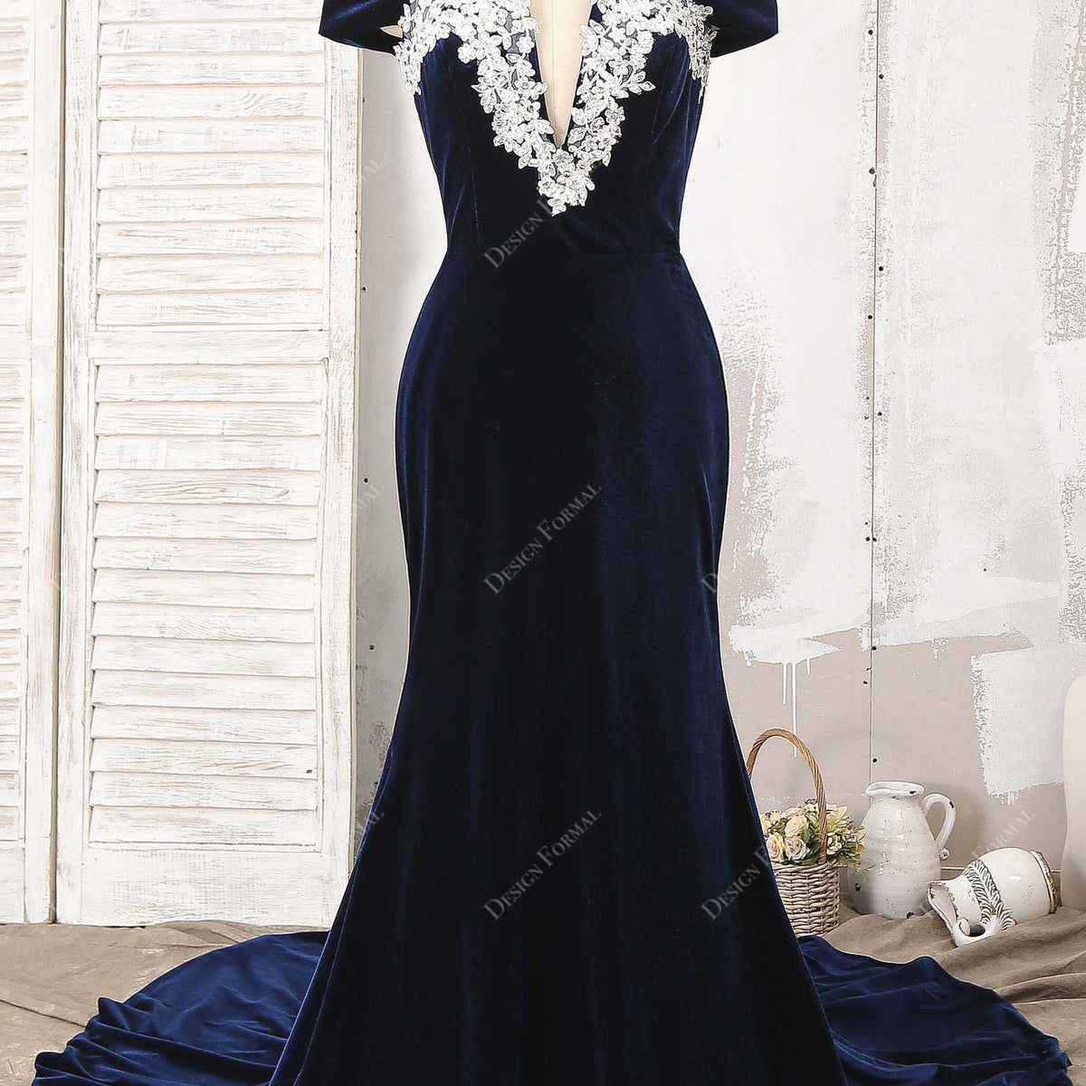 Navy Velvet Applique Off-Shoulder Plus Size Mermaid Prom Dress