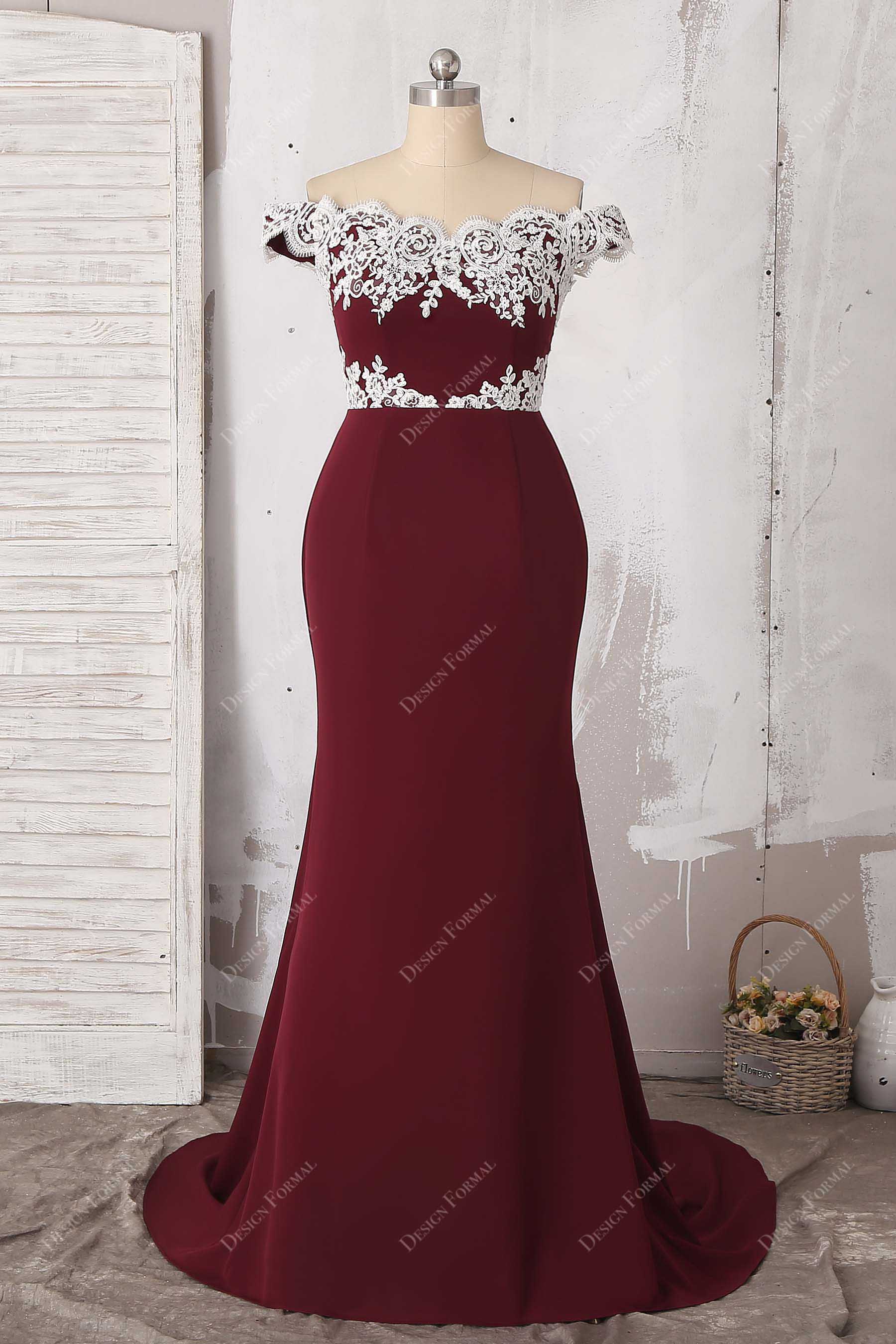 ivory lace off-shoulder burgundy mermaid bridesmaid dress