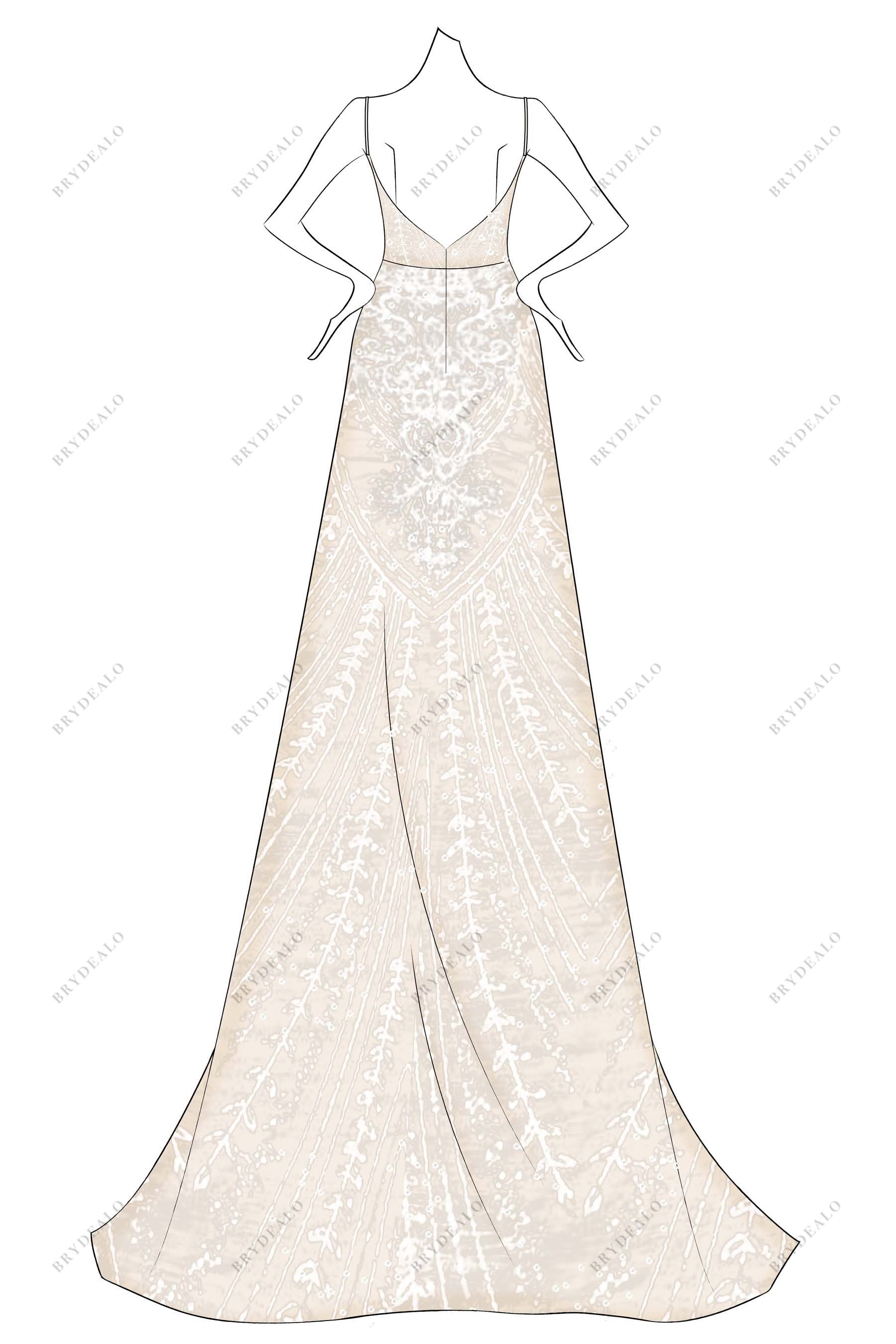 ivory lace overlaid oyster A-line designer weddin dress sketch