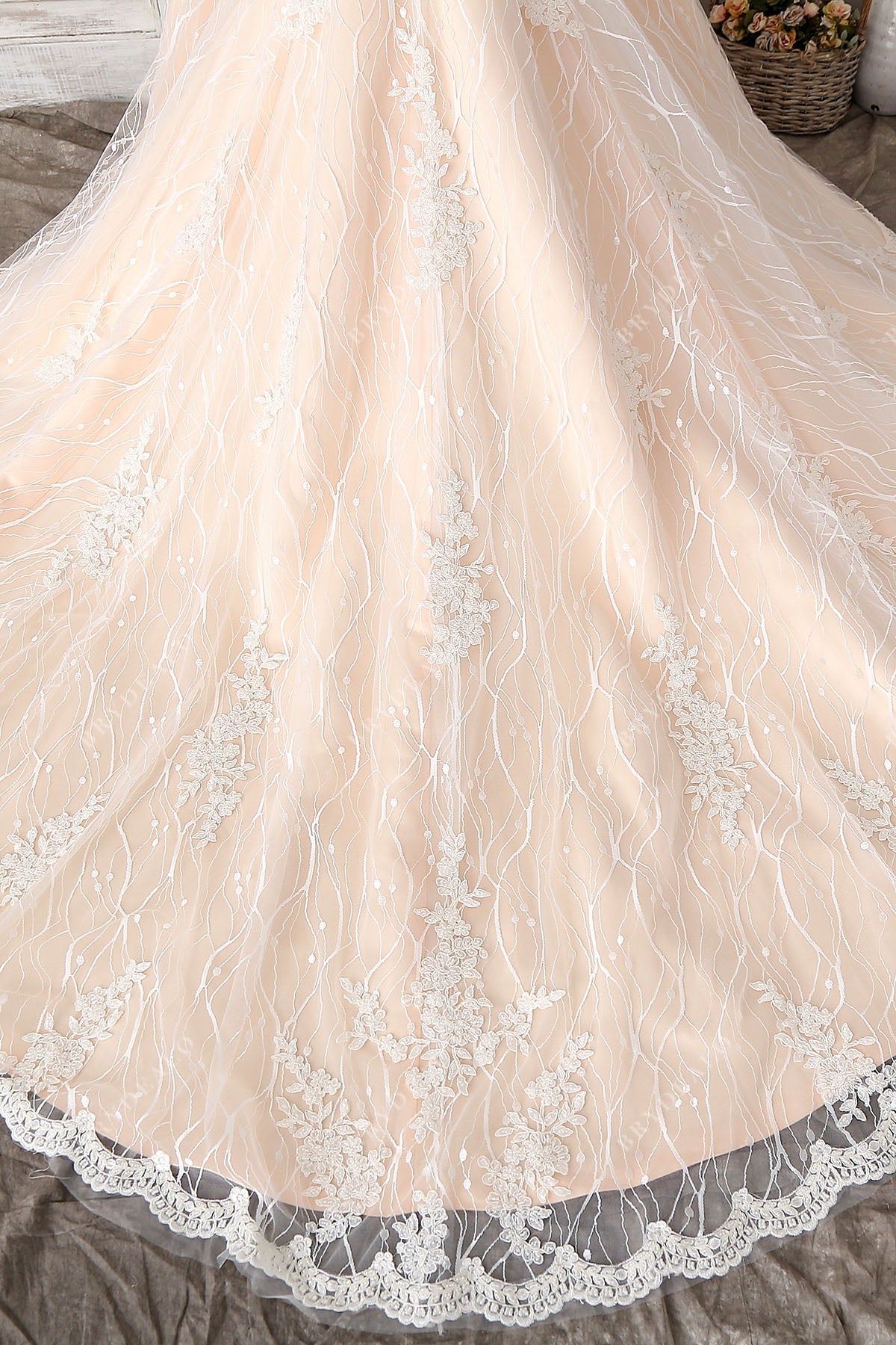 ivory lace overlaid peach satin long train bridal dress