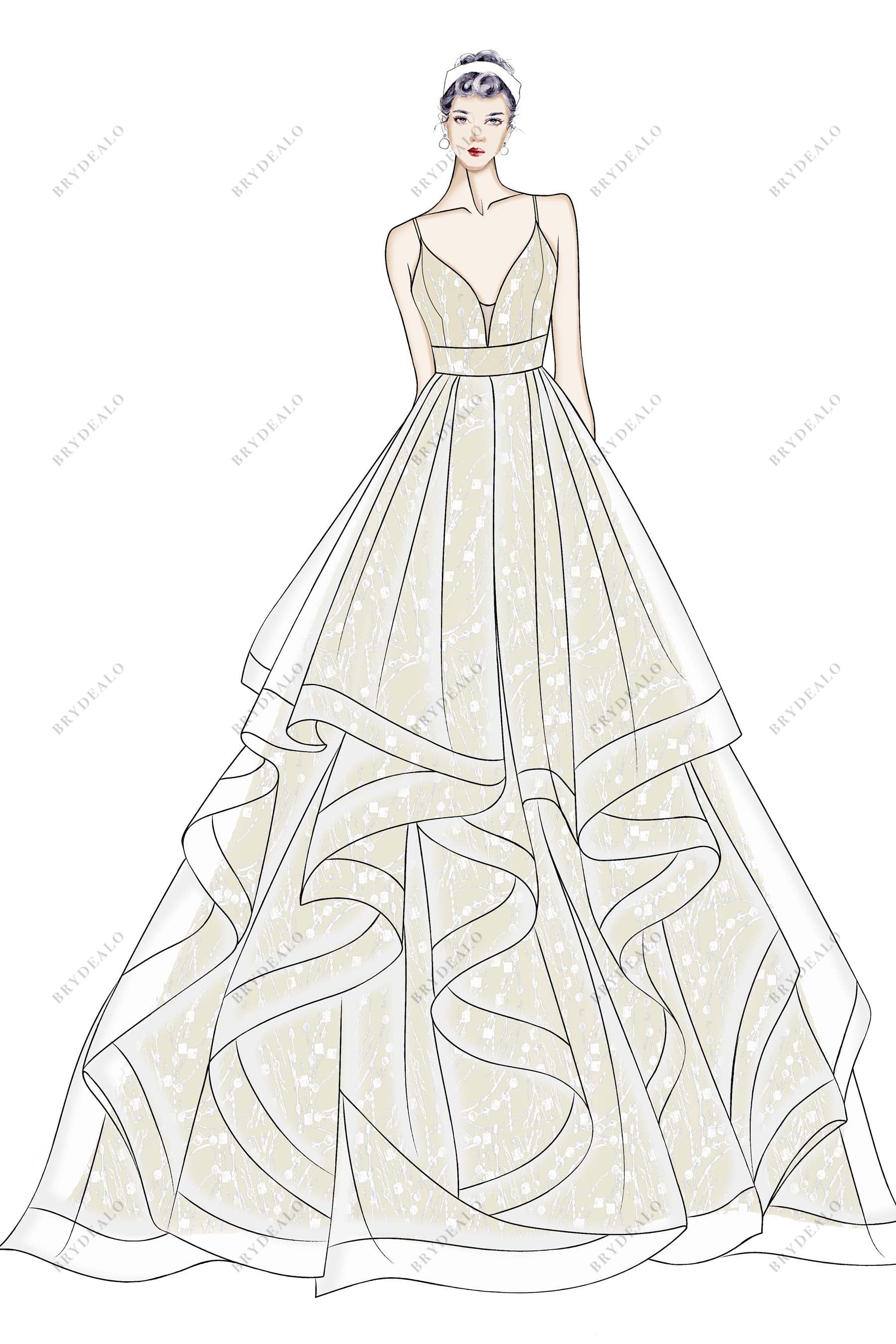 Ivory Sequin Custom Champagne Ruffled Wedding Dress Sketch