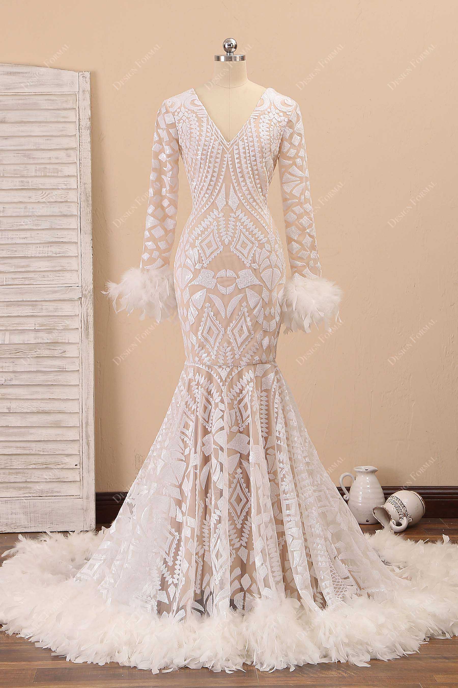 ivory unique sequin feathered prom dress