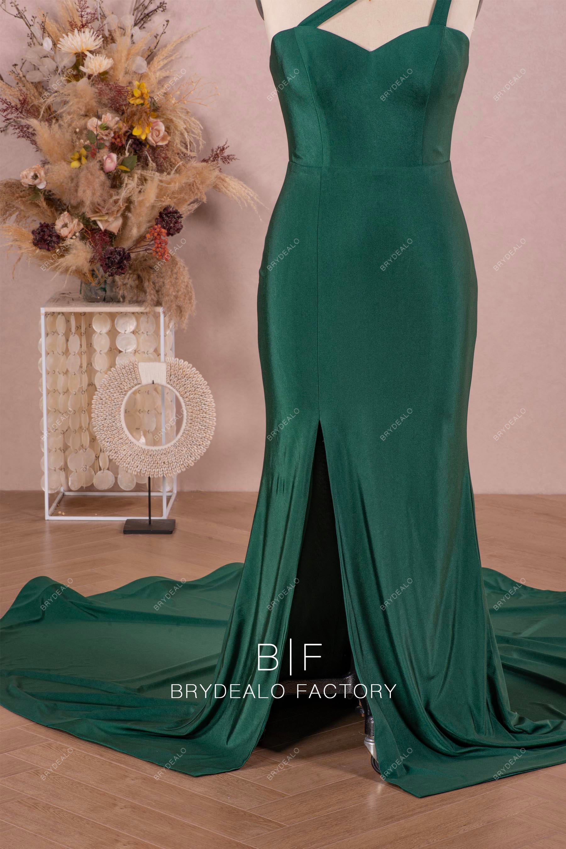 dark green sexy slit mermaid jersey bridesmaid gown