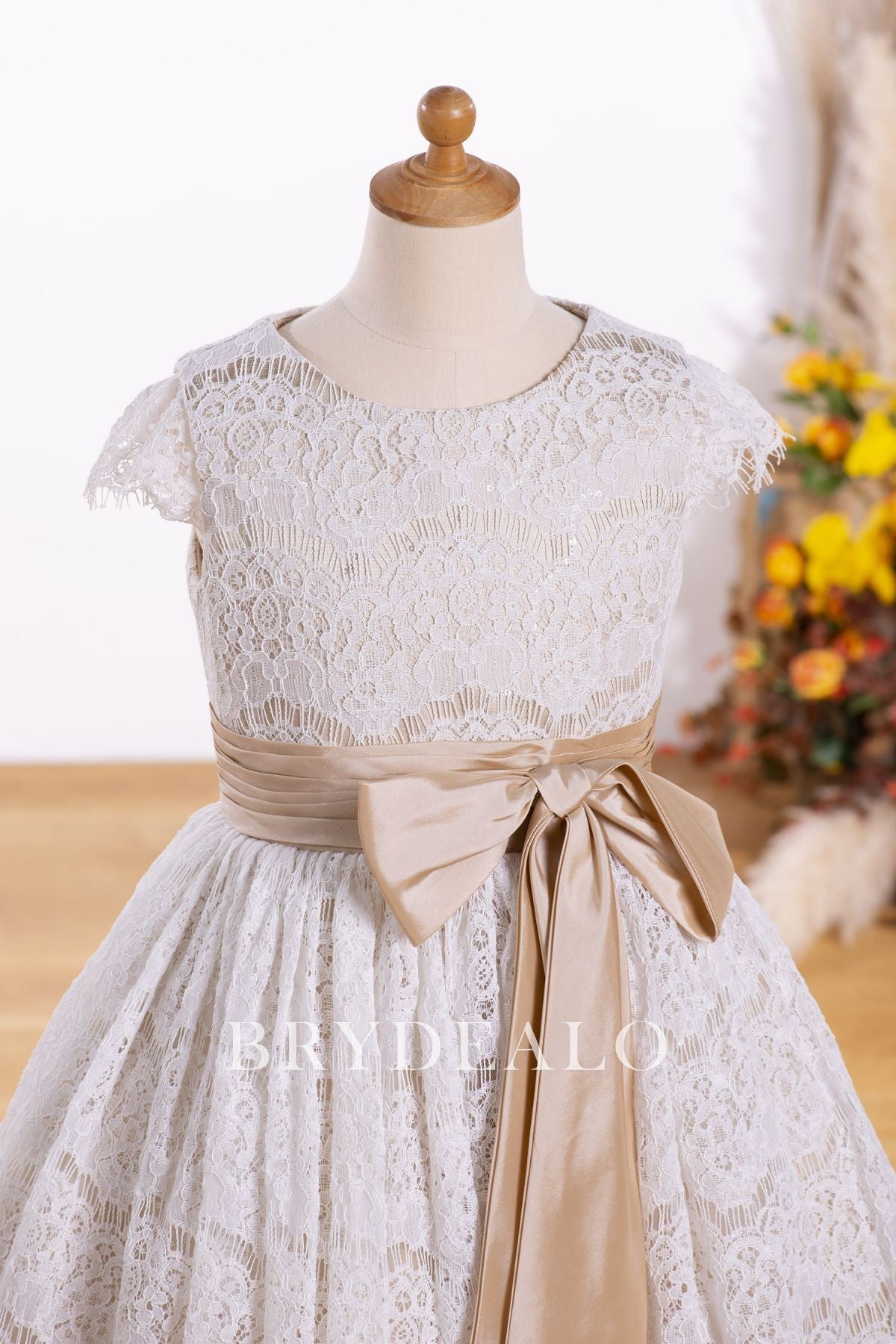 Champagne Satin Bowknot Ivory Lace Flower Girl Dress