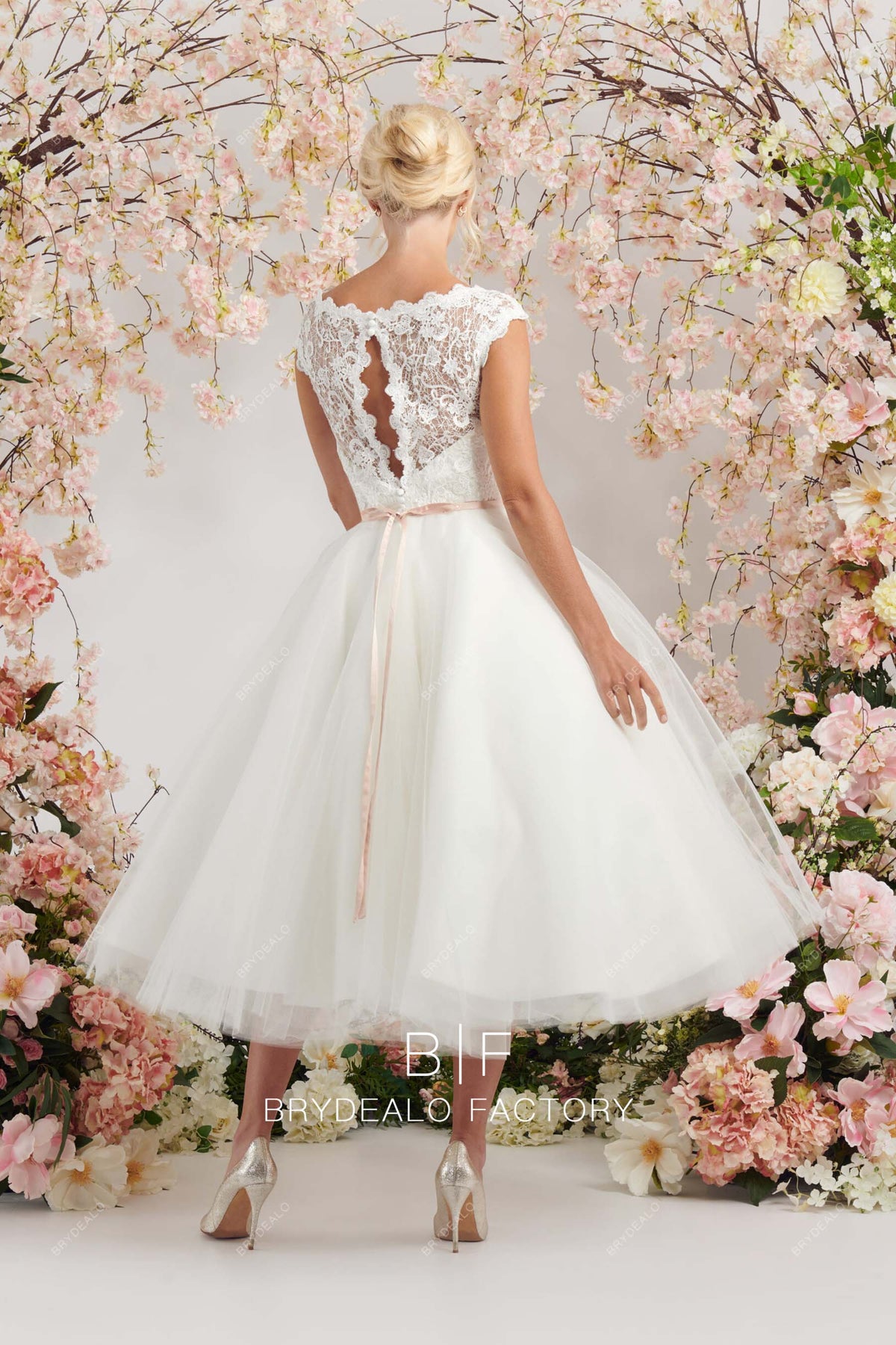 Illusion Corset Victoria Lace Tea-Length Short Puffy Wedding Dress