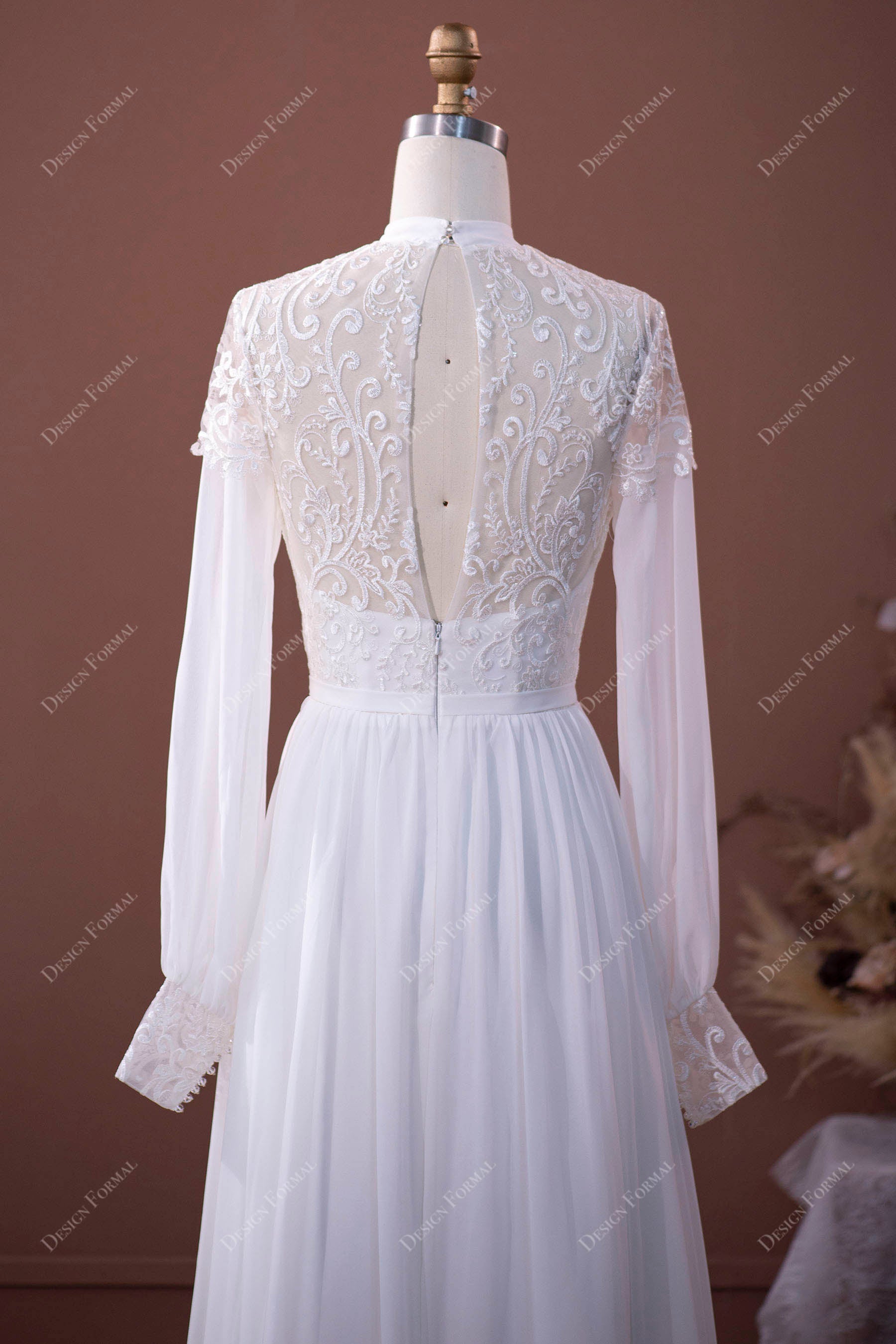 keyhole back long sleeves bridal gown