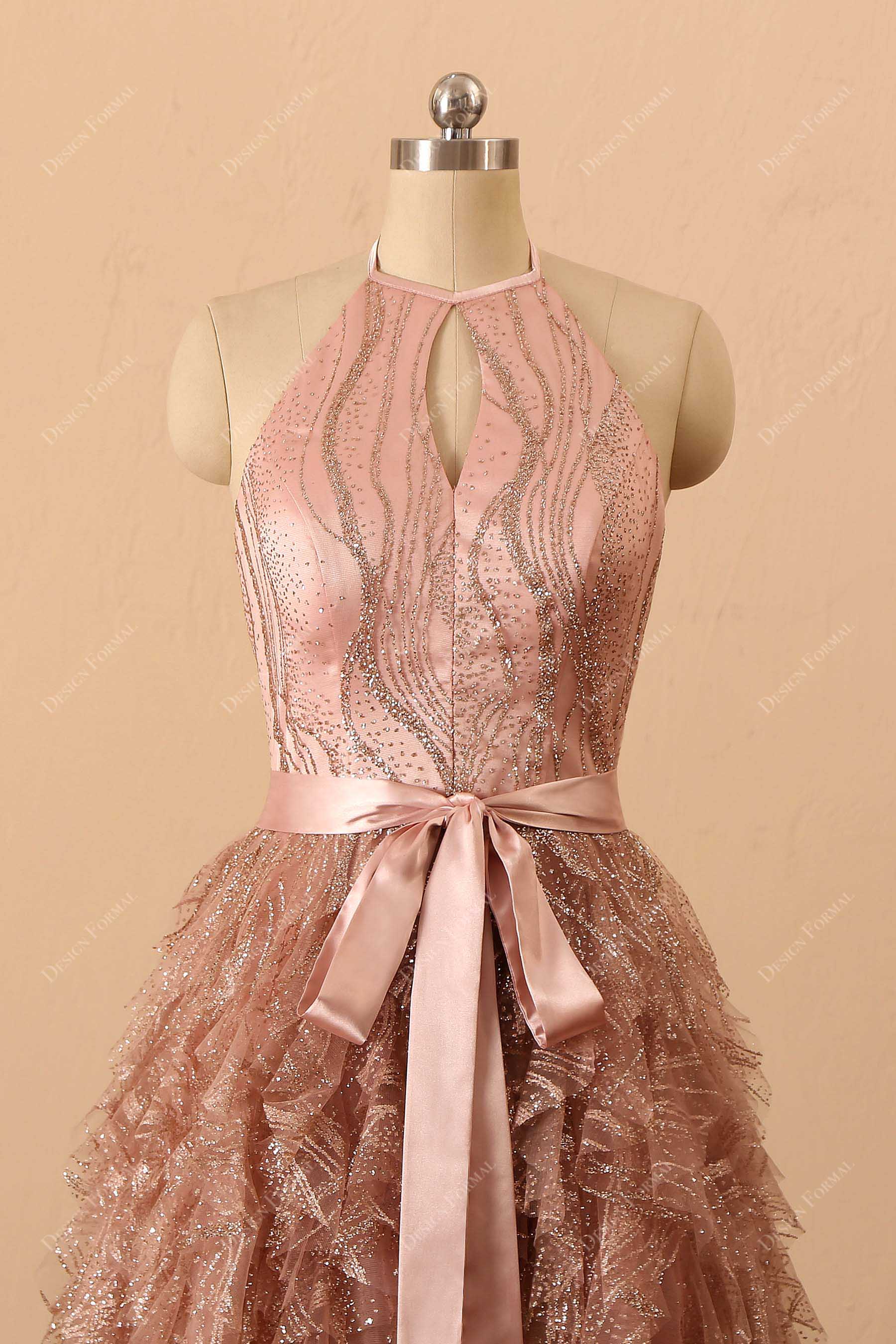 keyhole halter rose gold glitter prom dress