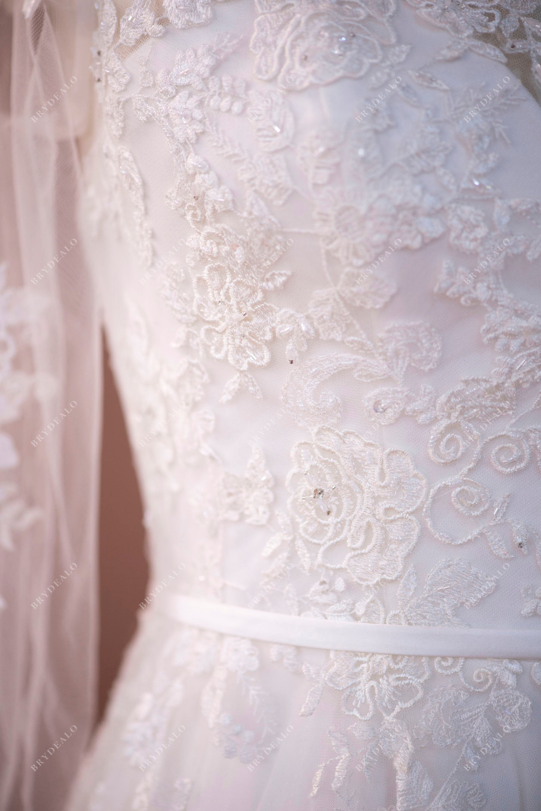 designer lace sheer sleeves garden wedding dress