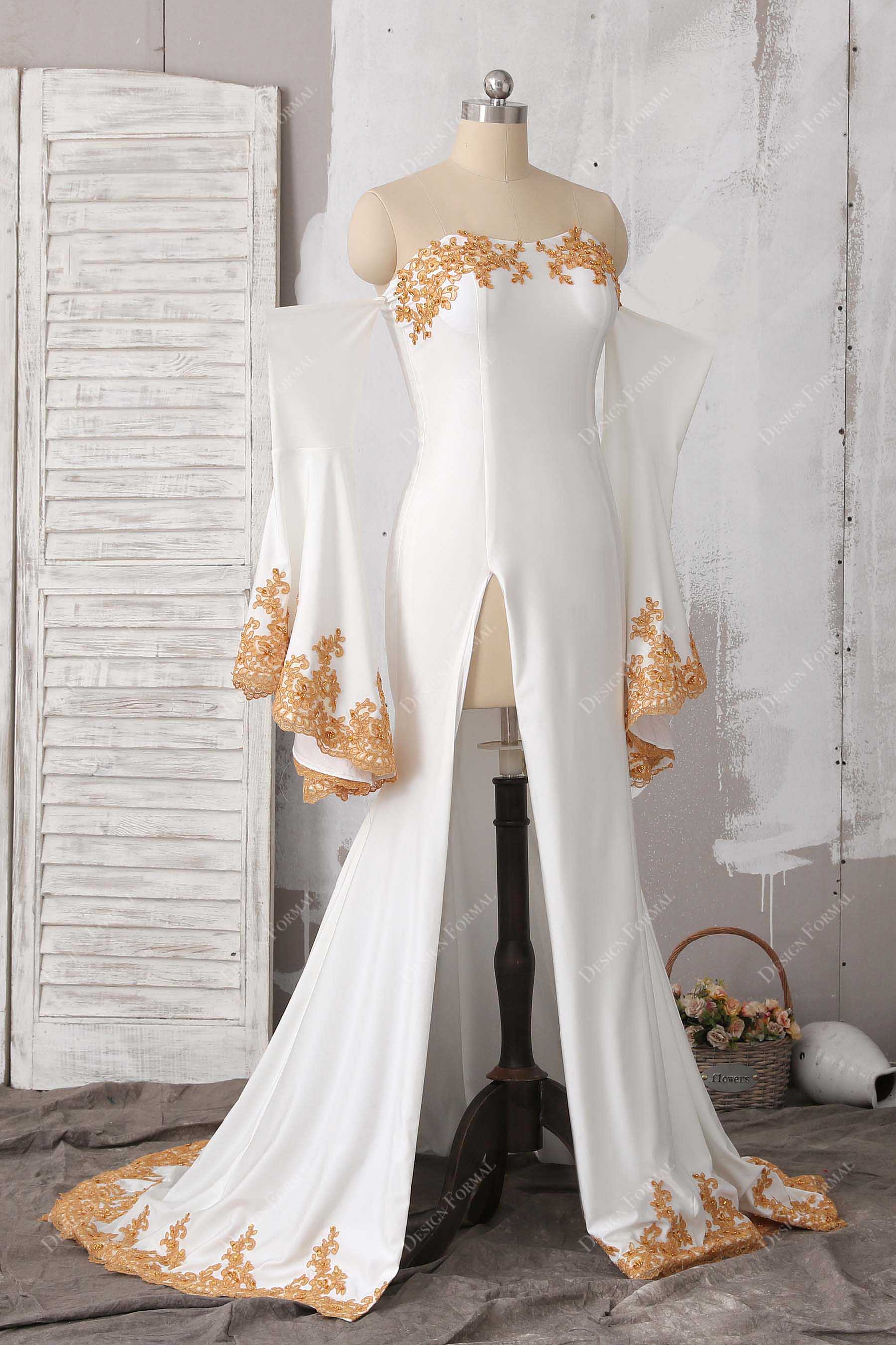 gold lace appliqued white jersey high slit dress