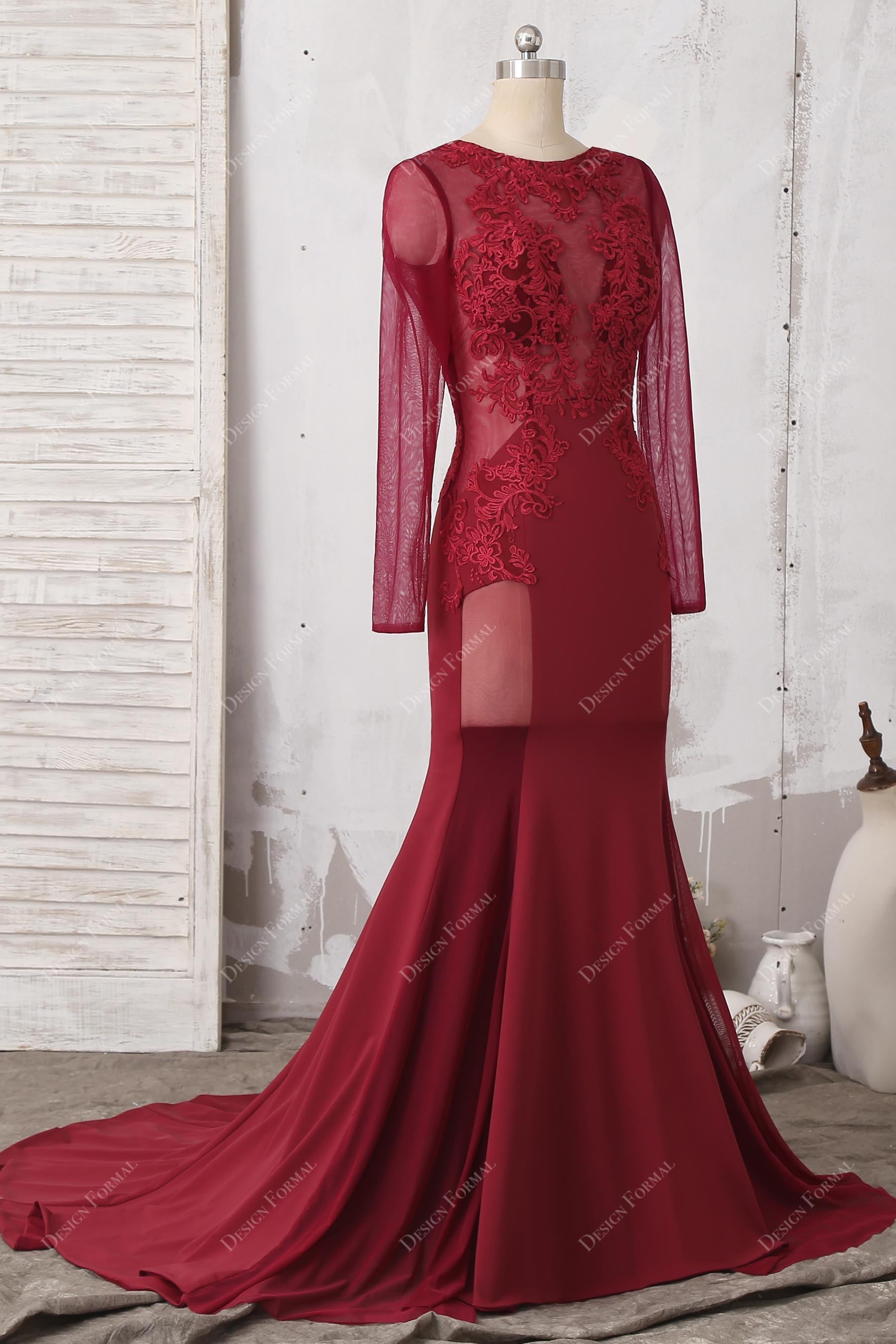 lace appliqued red jersey sheer sleeves cutout dress