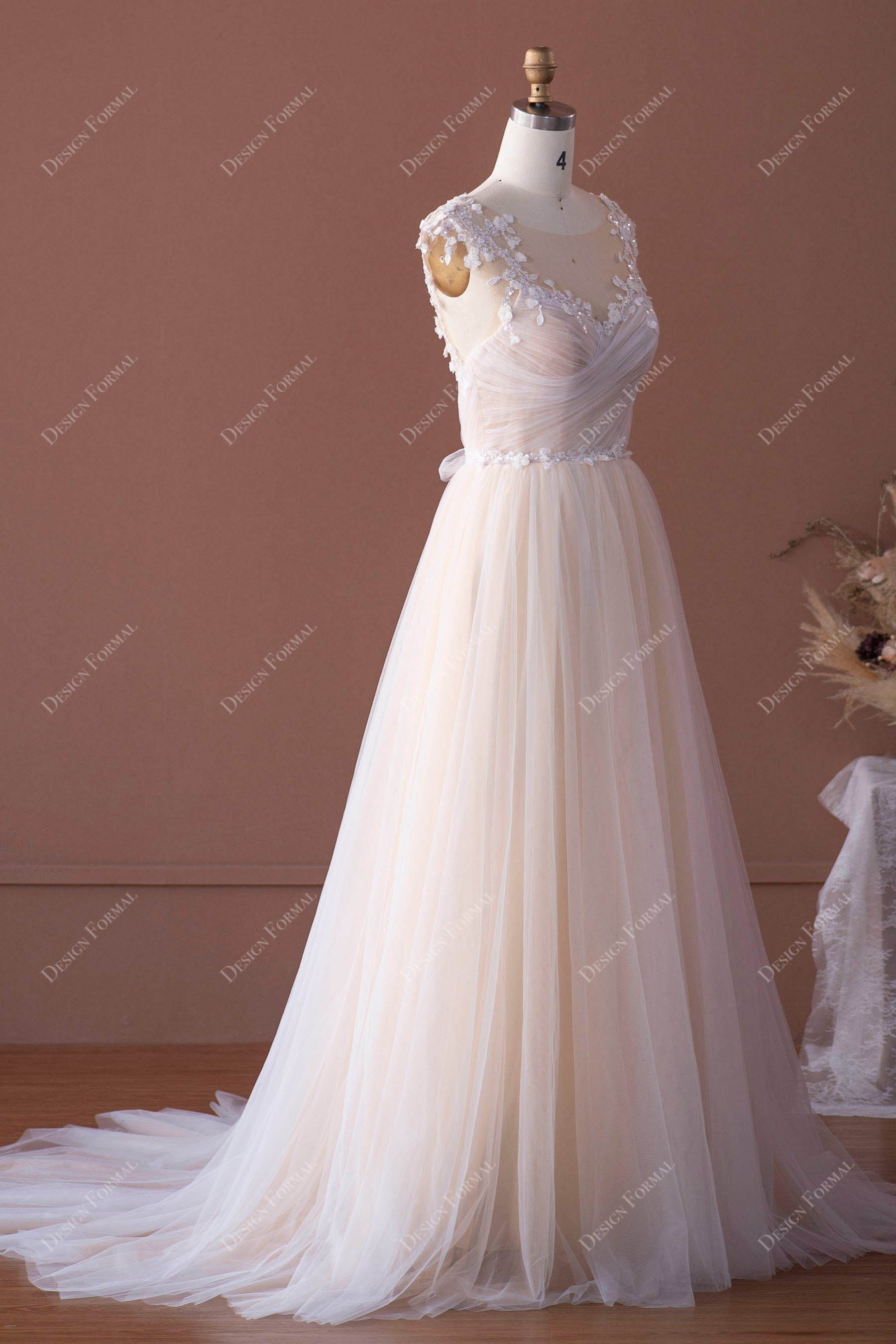 lace appliqued tulle illusion wedding dress