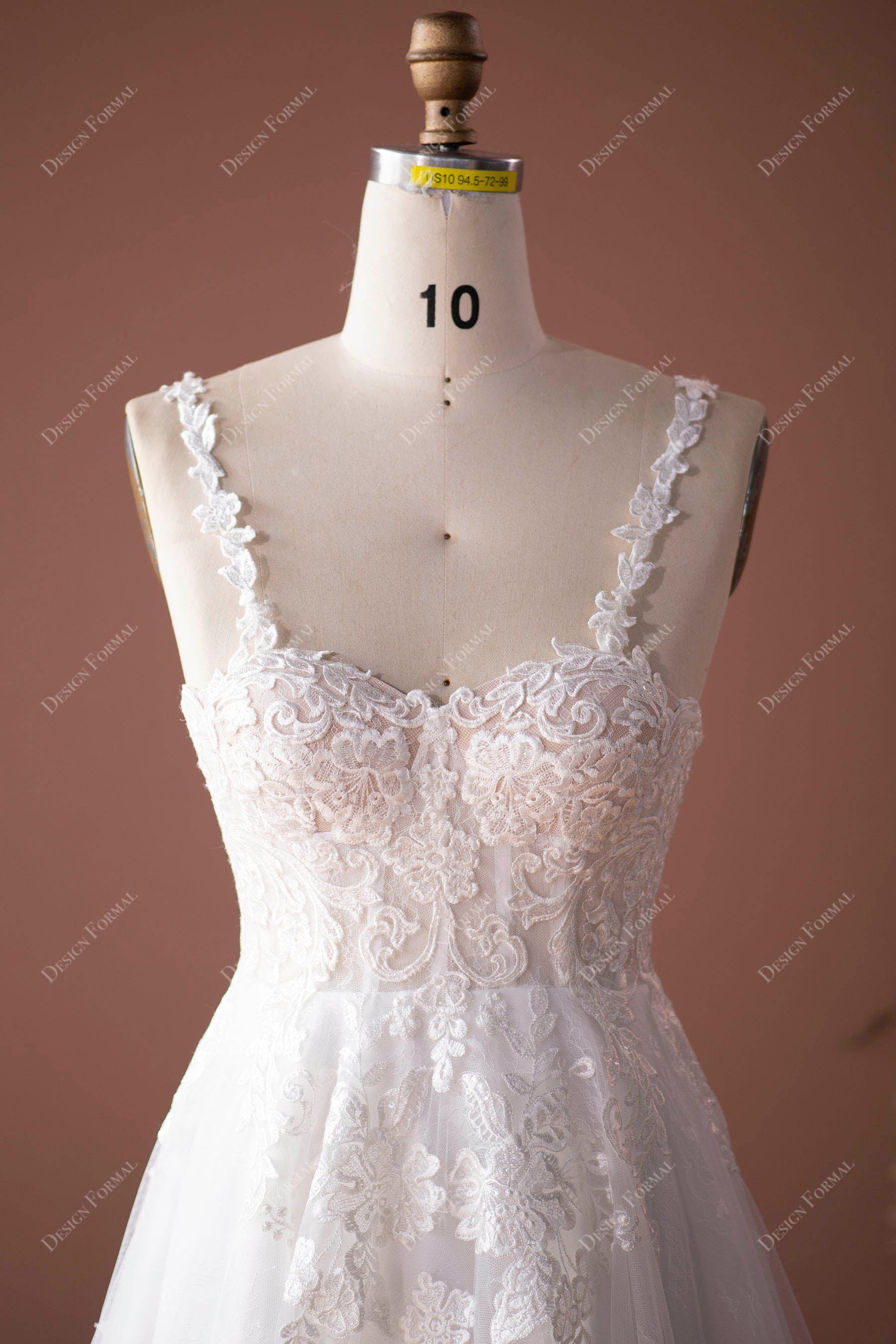 lace appliques bodice with thin straps sweetheart neck 