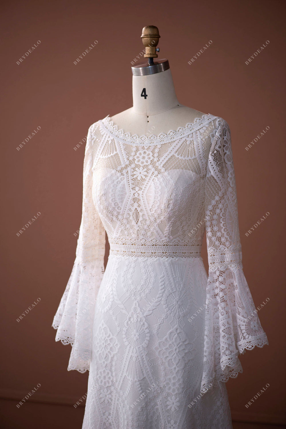 Boho Lace Bell Sleeves Scalloped Neck Mermaid Summer Bridal Dress