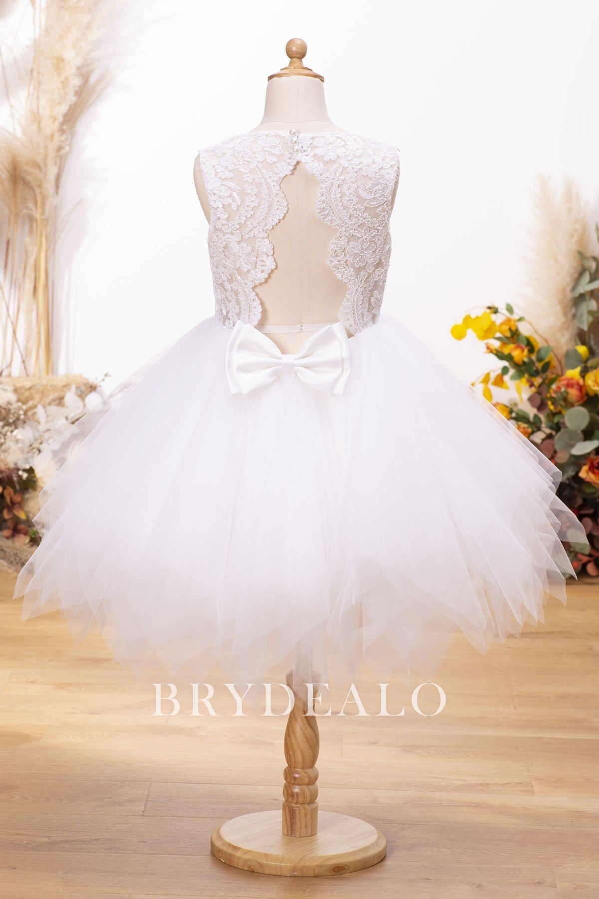 Lace Tulle Bow Knee Length Flower Girl Ball Gown