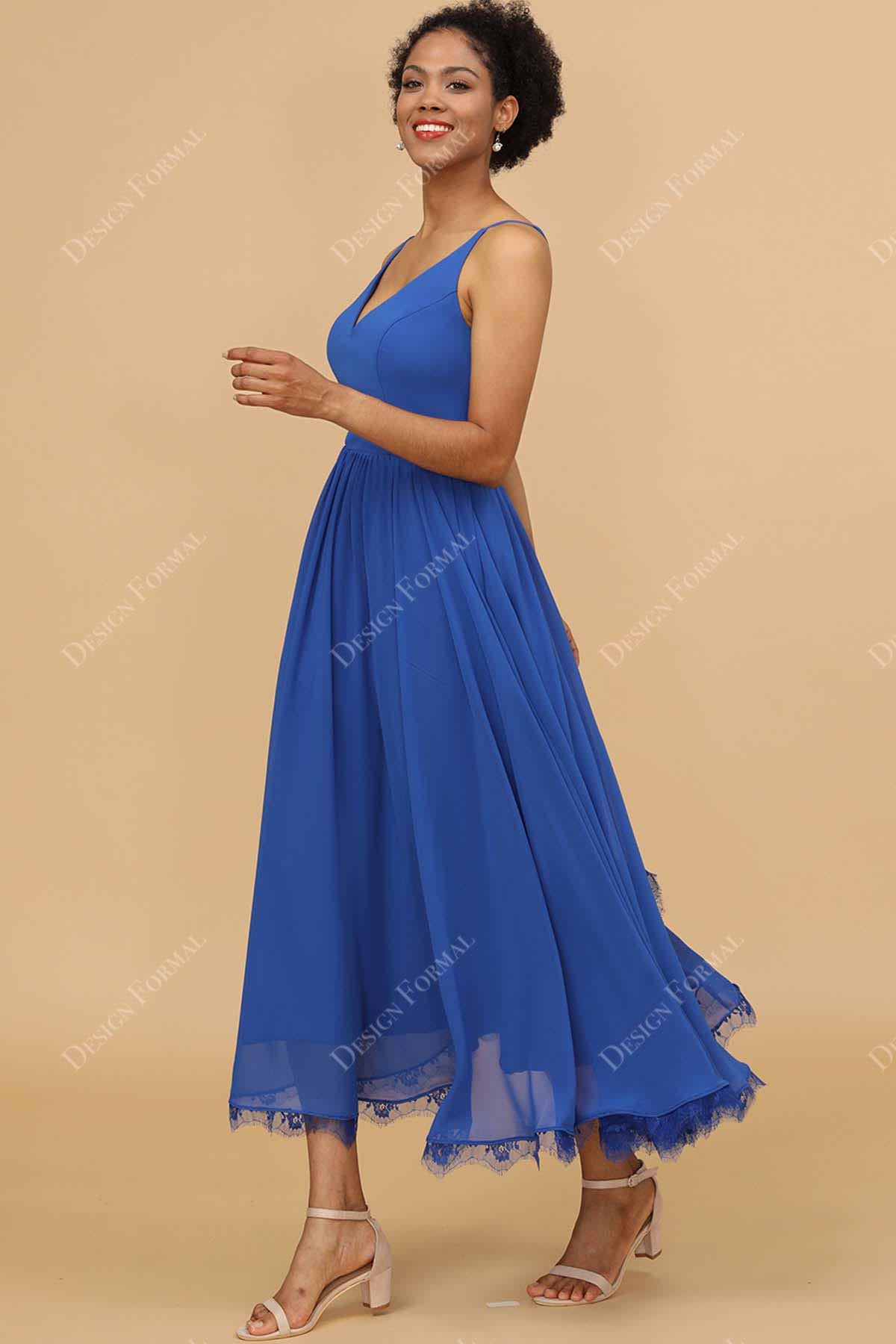 royal blue lace chiffon flowy wedding party dress