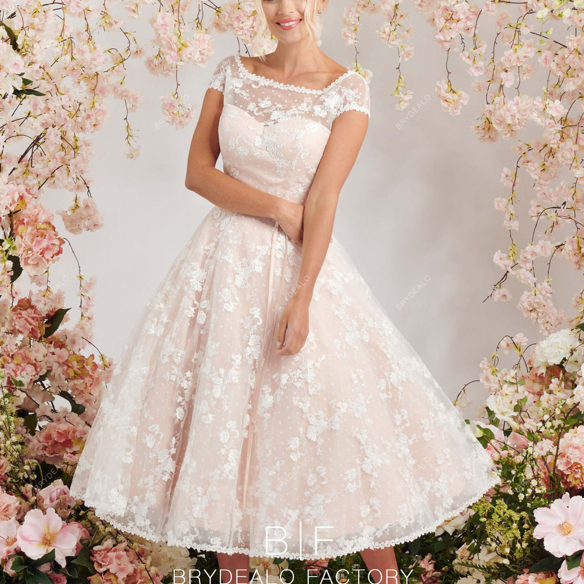 Pretty Lace Blush Pink Tea Length Illusion Neck Wedding Dress, White Pretty Lace Blush Pink Tea Length Illusion Neck Wedding Dress, White