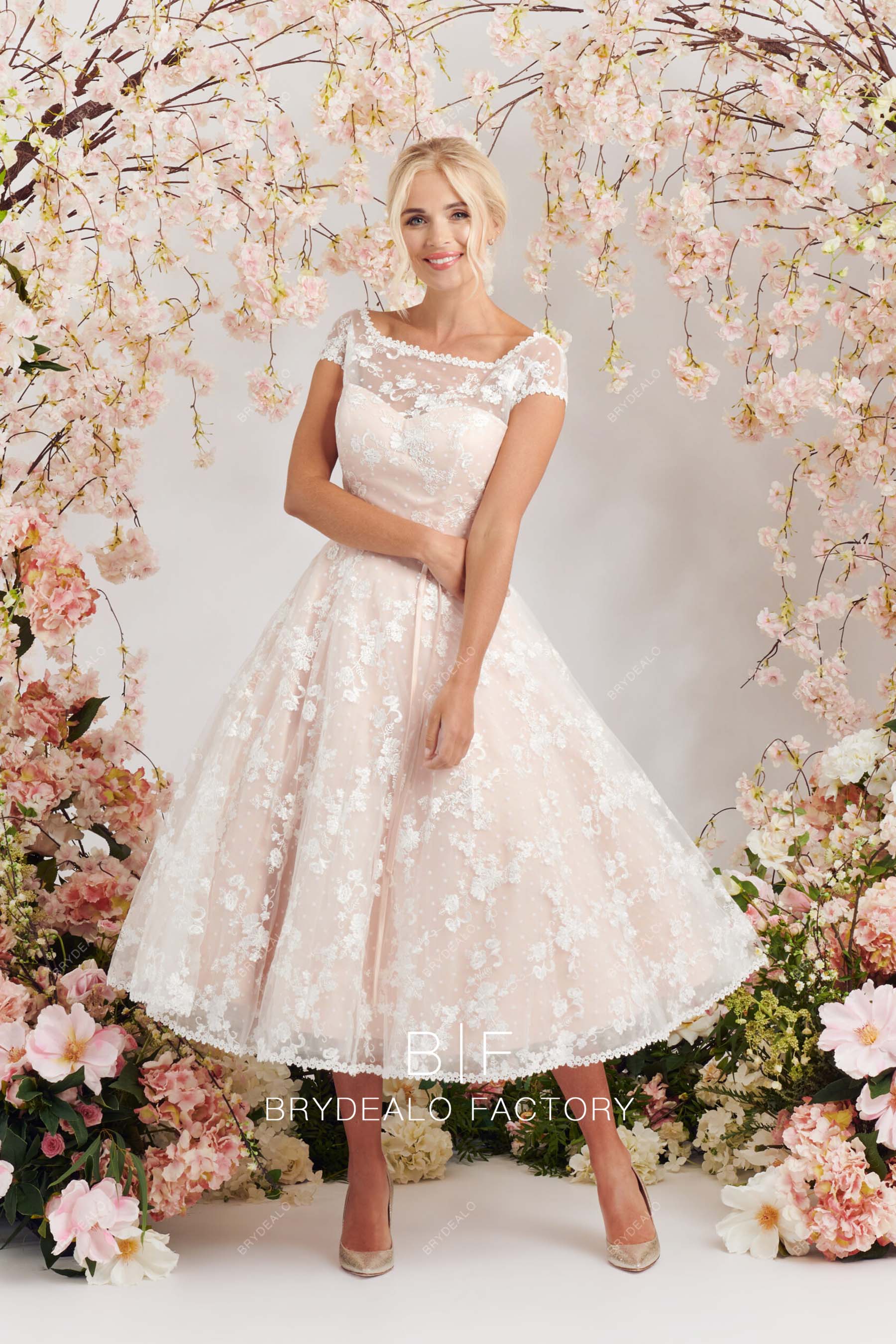 elegant lace dot tulle short blush wedding gown