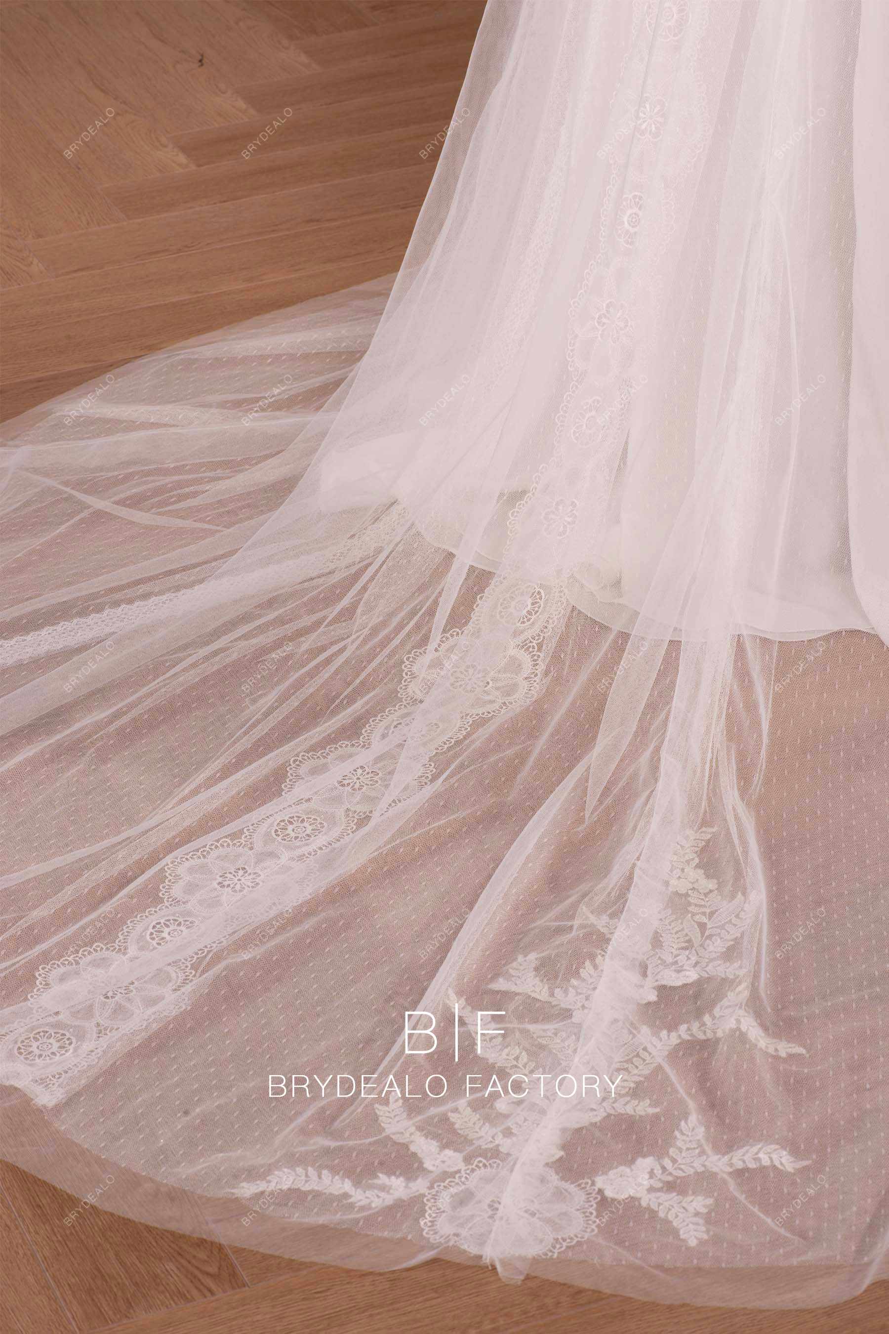 lace dot tulle long train beach wedding dress